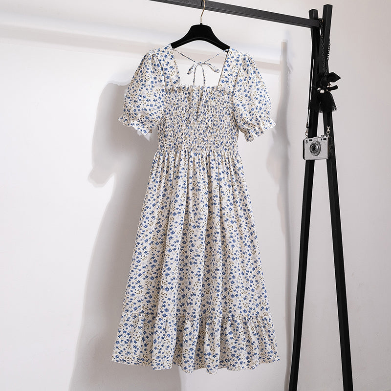 Summer Pleated Women Chiffon Dresses Casual Beach Holiday Short Sleeve Square Collar Woman Midi Dress Bohemian Mujer Vestidos