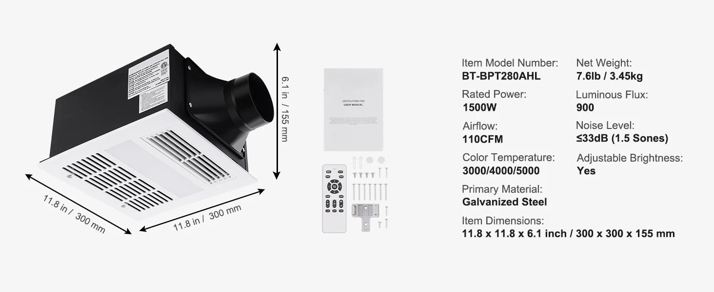 Bathroom Exhaust Fan with LED Light 80/110 CFM Quiet Heating