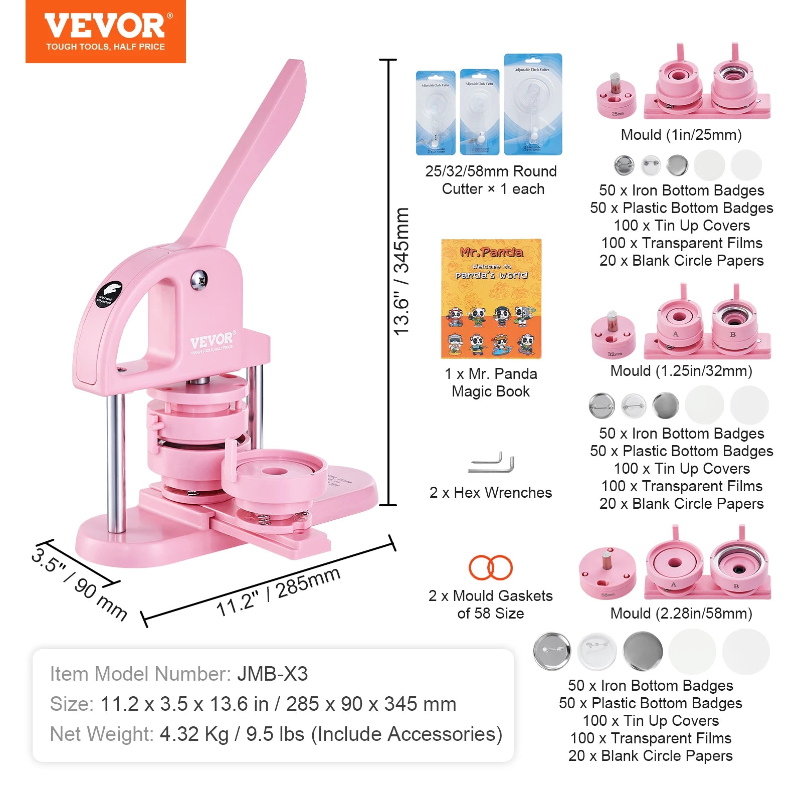 3-in-1 Button Maker Machine Kit with Panda Book & 3 Sizes