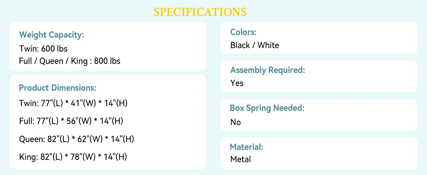 Heavy-Duty Metal Bed Frame with 14" Storage, No Box Spring