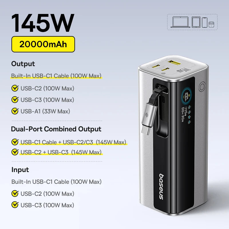 Baseus Power Bank 145W 20800mAh con doppia USB A, USB C PD 100W, ricarica rapida, display digitale, power bank portatile per laptop, telefono e Steam
