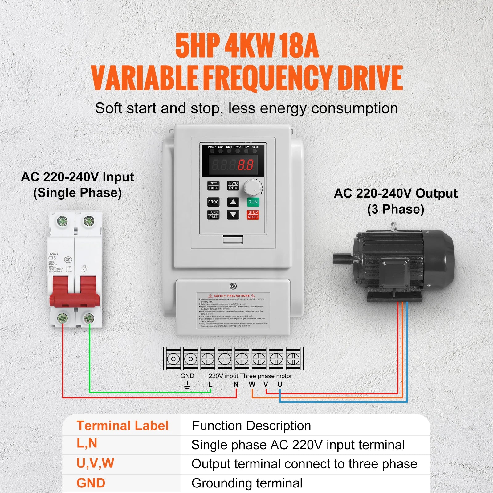SucceBuy VFD 5HP4KW Singel Phase 220V-240V Input to 3 Phase 220V-240V Output Variable Frequency Drive for AC Motor Speed Control