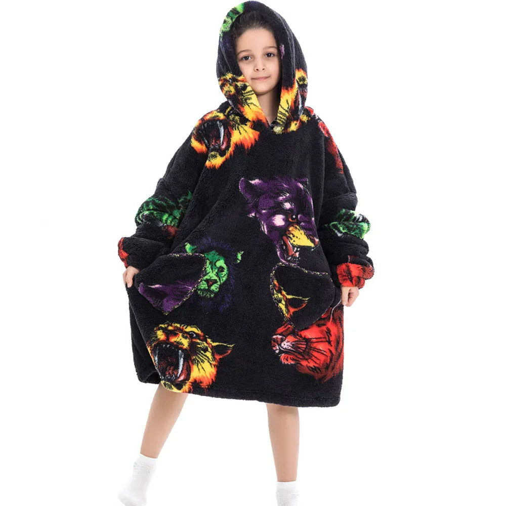 Girls Winter Clothes Flannel Thick Hoodies Super Warm Children's Sweaters Kids Hooded Loose Clothing Homewear Wearable Blankets