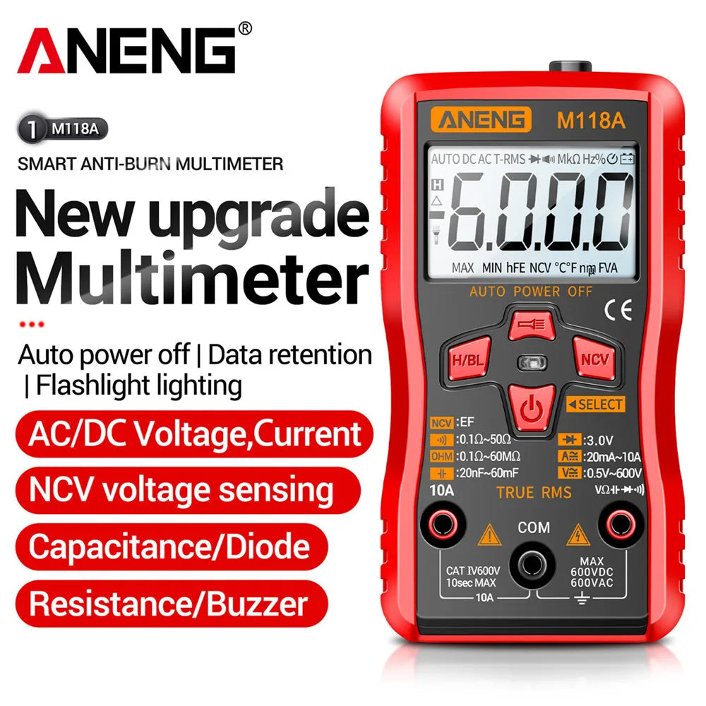 Digital Mini Multimeter Tester Auto Mmultimetro ANENG M118A True Rms Tranistor Meter with NCV Data Hold 6000counts Flashlight