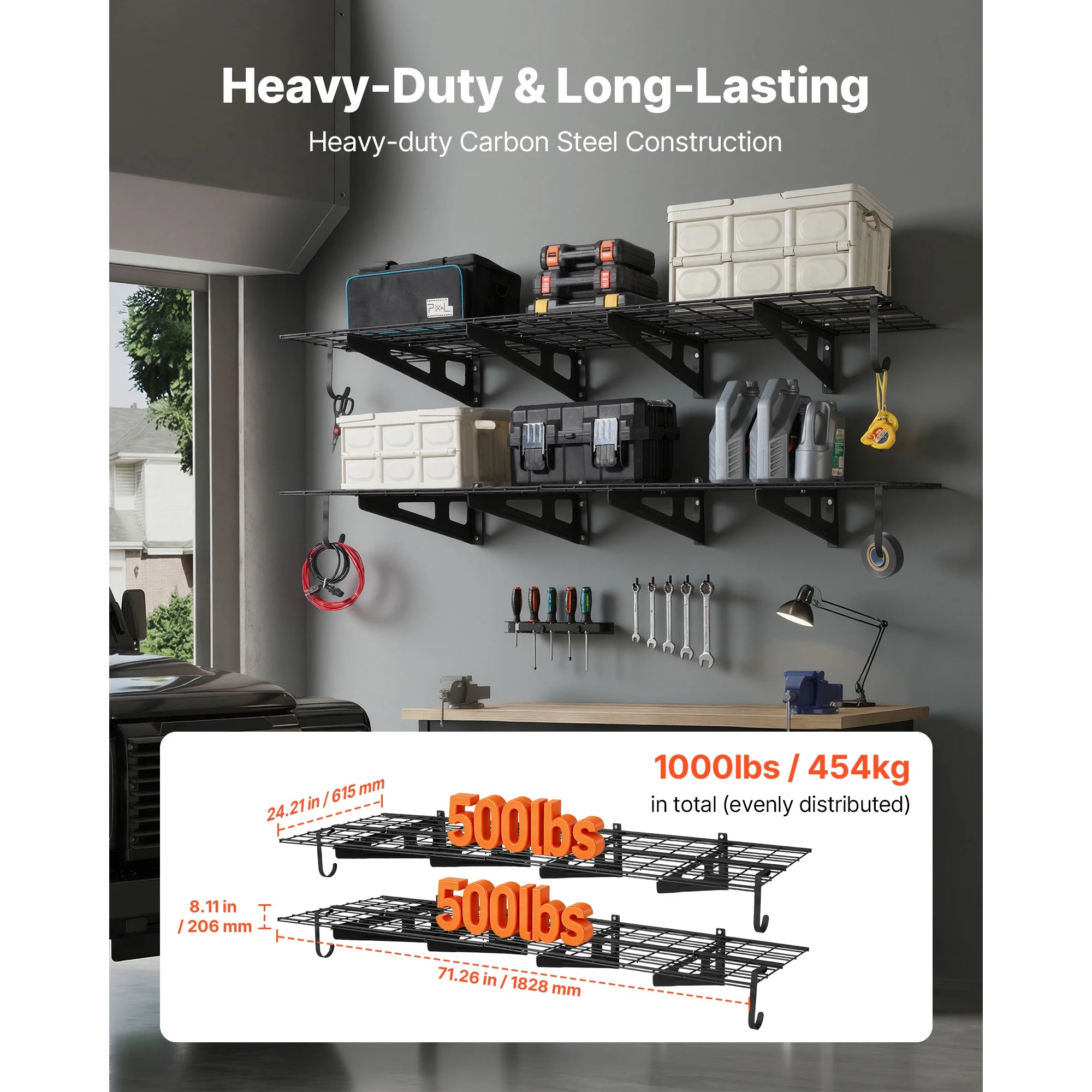 Heavy Duty Garage Wall Shelves 2-Pack 500 lbs Each with Hooks