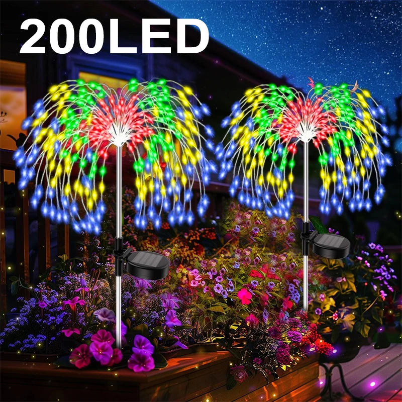 Luces solares para senderos con 200 LED y efecto de fuegos artificiales, luces solares para calles, césped, jardines y patios exteriores