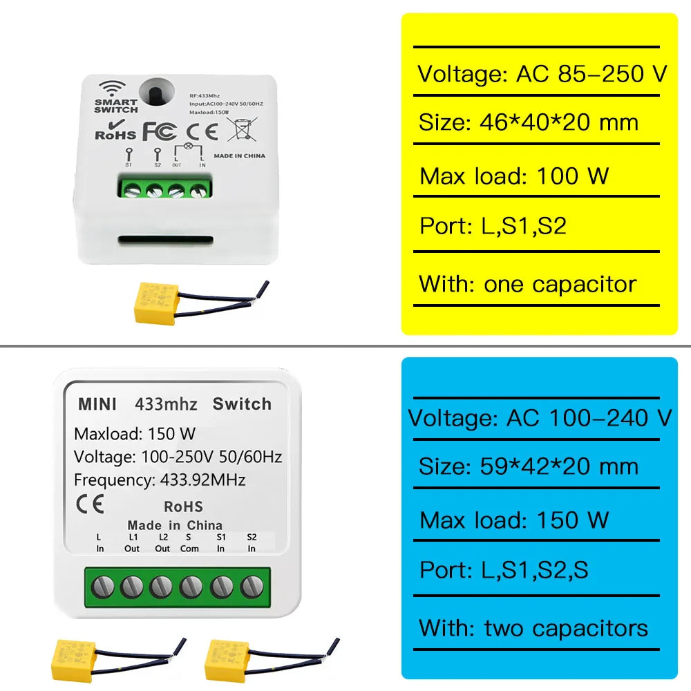 Módulo de interruptor de luz RF, opções de embalagem de 1/2 canais