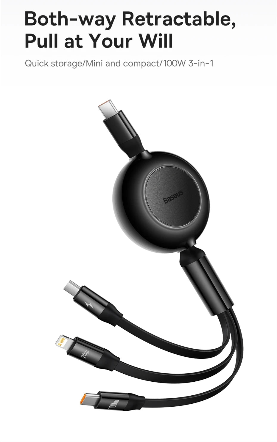 Vysúvací 100W 3v1 USB-C nabíjací kábel pre notebook a telefón