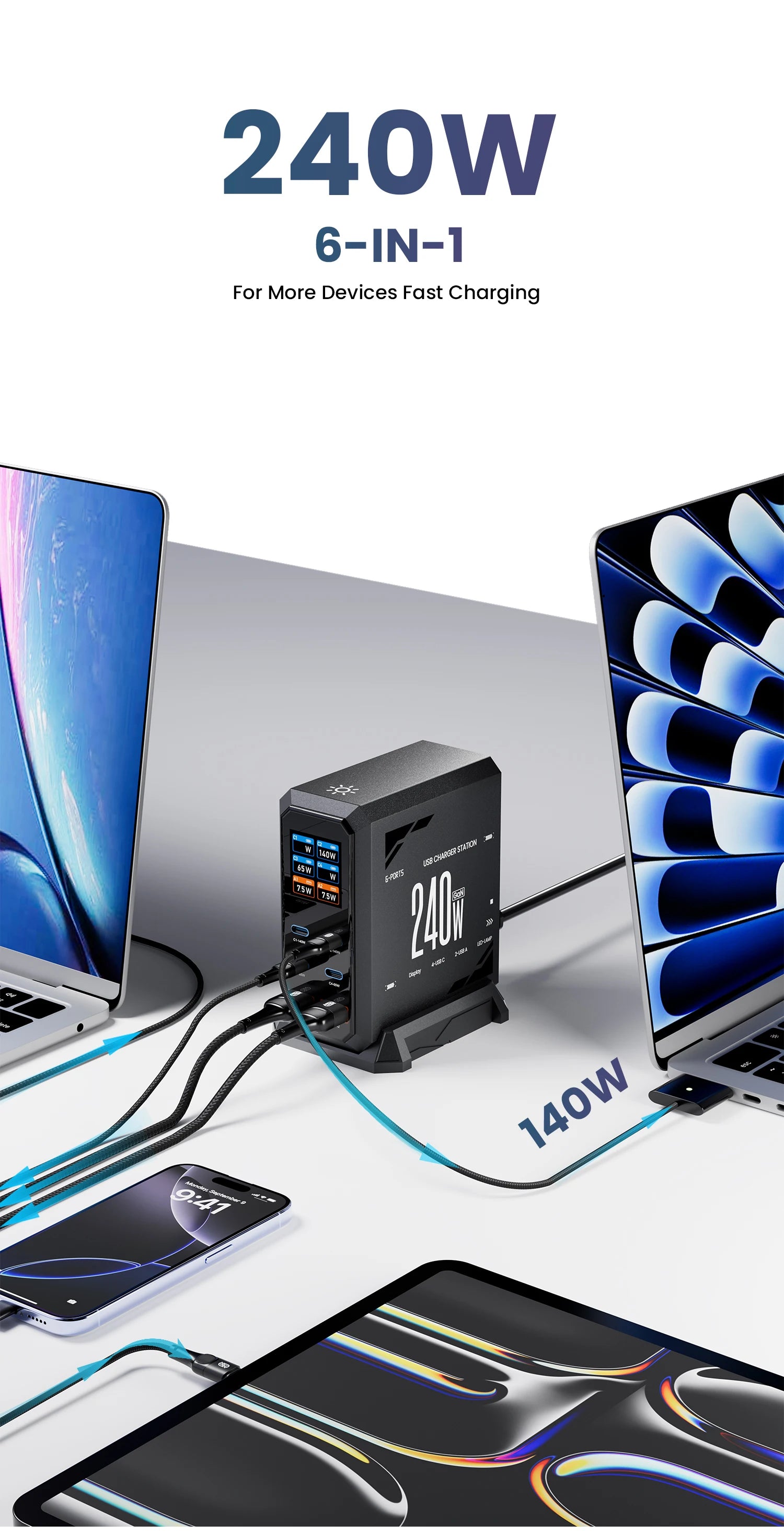 240W GaN rychlá nabíjecí stanice 6v1 USB-C a USB-A stolní nabíječka