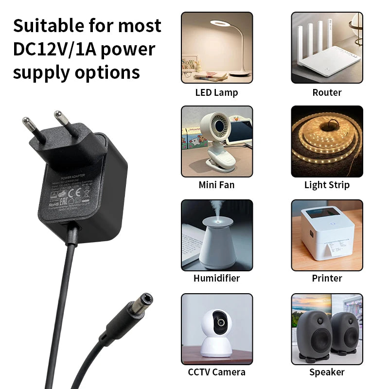DC12V 1A Power Adapter 12W AC Power Adapter Suitable for Small Household Appliances AC100-240V to DC12V 1000mA Charger