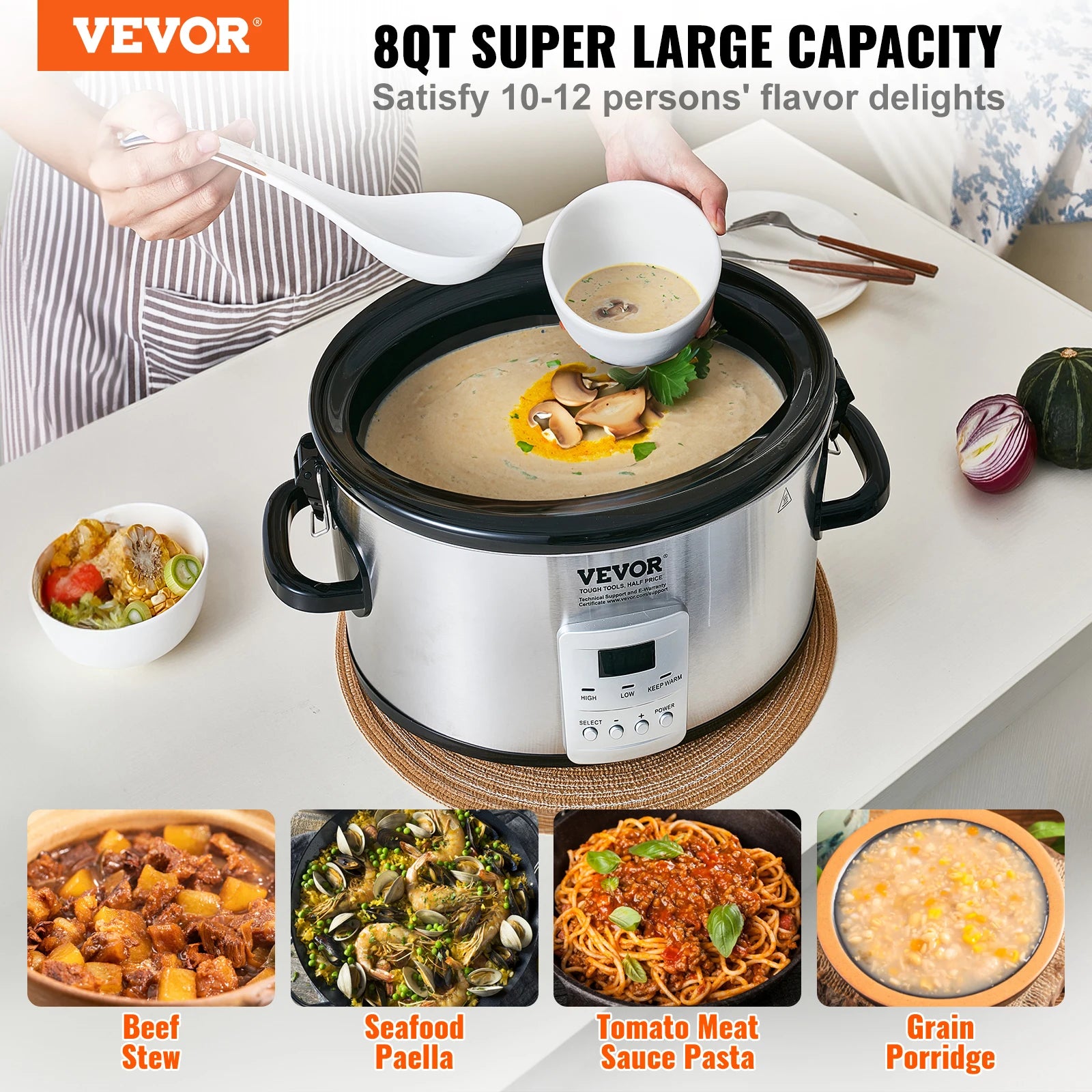 8QT Digital Slow Cooker with Ceramic Pot & Locking Lid