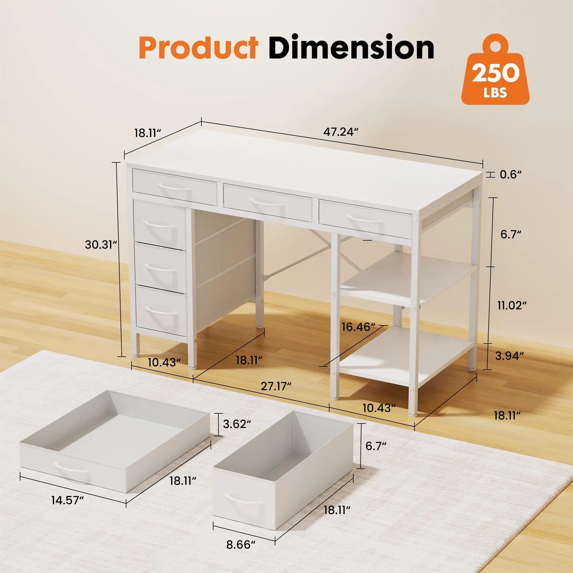 55 Inch Computer Desk with 6 Drawers and Storage Shelves