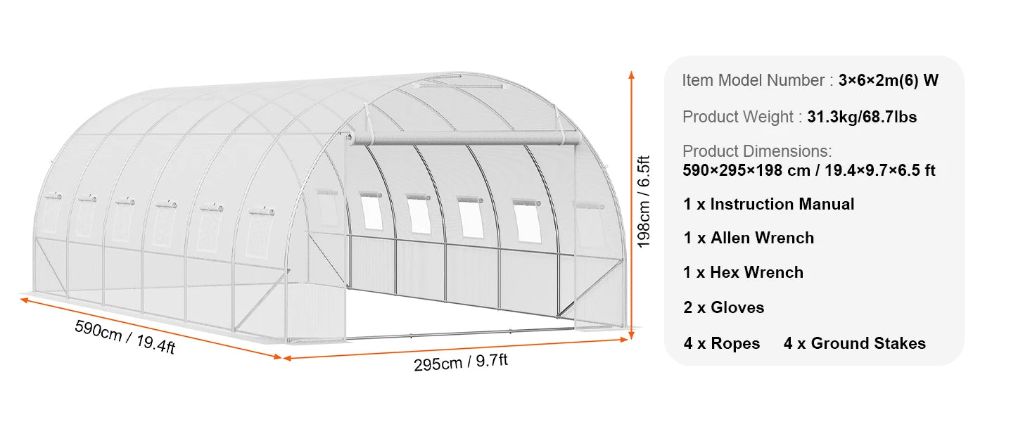 SucceBuy Durchgangs-Tunnel Gewächshaus Bogenhaus Gewächshaus Tunnel Pflanzen-Gewächshaus mit Stahlschale und PE-Abdeckung Roll-Top-Reißverschluss-Tür