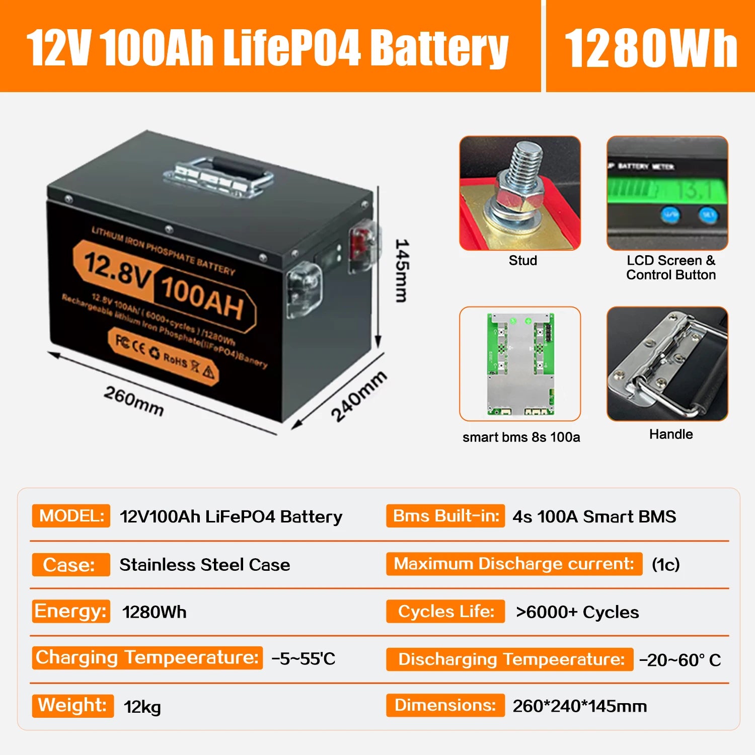 12V 24V 48v 100ah 200ah 280ah 300Ah 400Ah LiFePO4 Lithium Battery 100A BMS 6000+ cyclic for Inverter Solar RV No Tax PL EU Stock