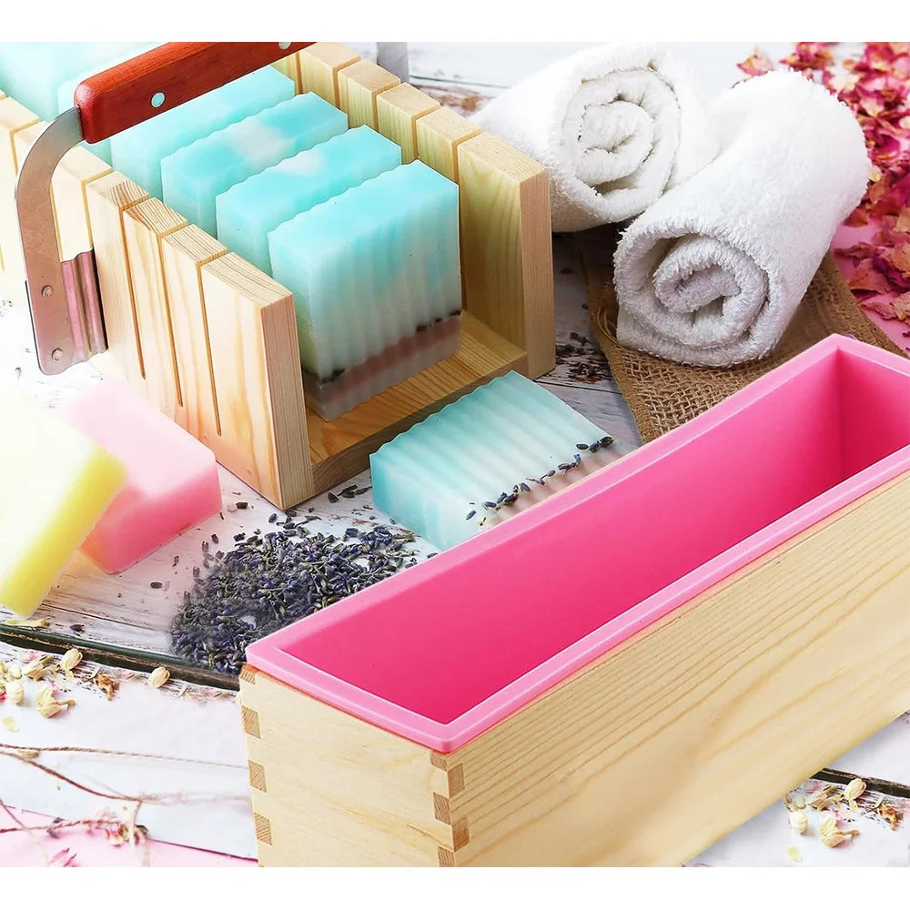 Kit de Fabrico de Sabão Artesanal DIY Corte de Bamboo e Caixa Interior com Molde de Silicone Fio de Aço Inoxidável Cortador Reto e Cortador Ondulado