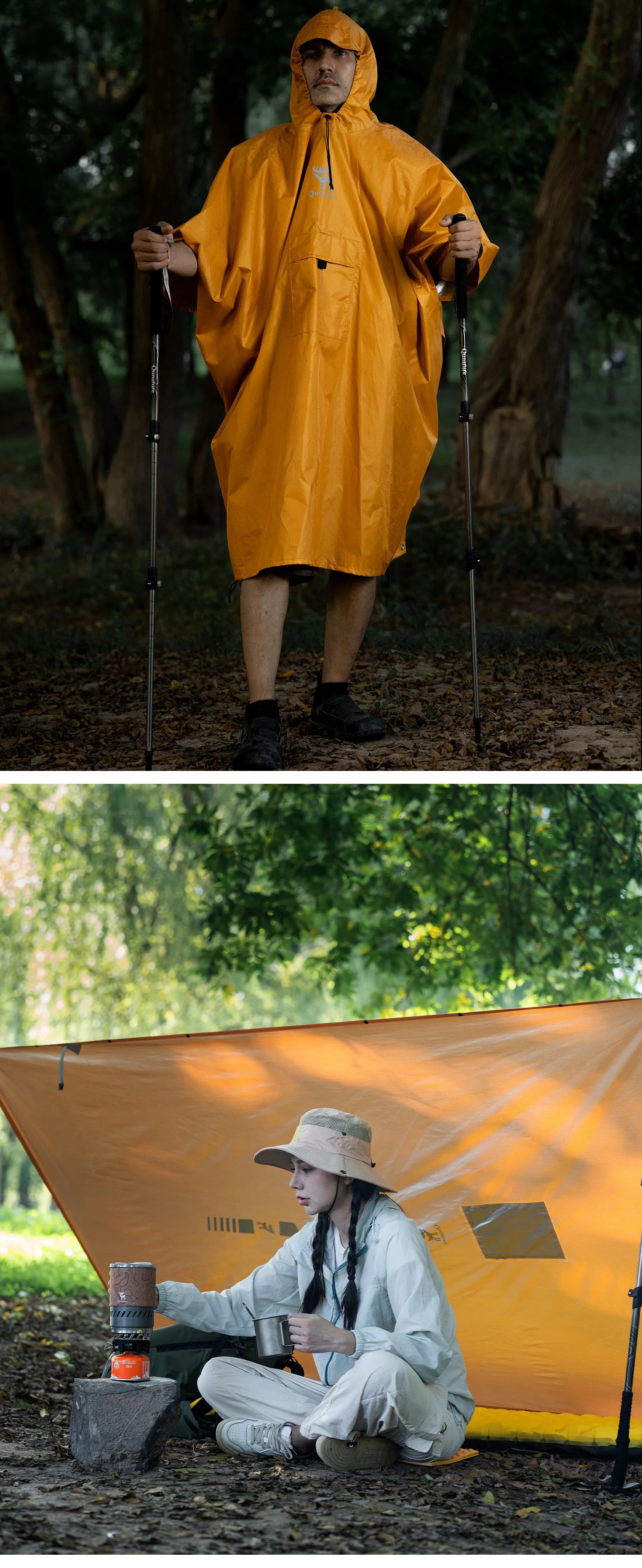 Capa de Chuva Qunature 100% Impermeável Casaco Longo de Chuva Leve Capa Dobrável para Caminhadas Toldo de Pesca Roupa de Chuva 3 em 1