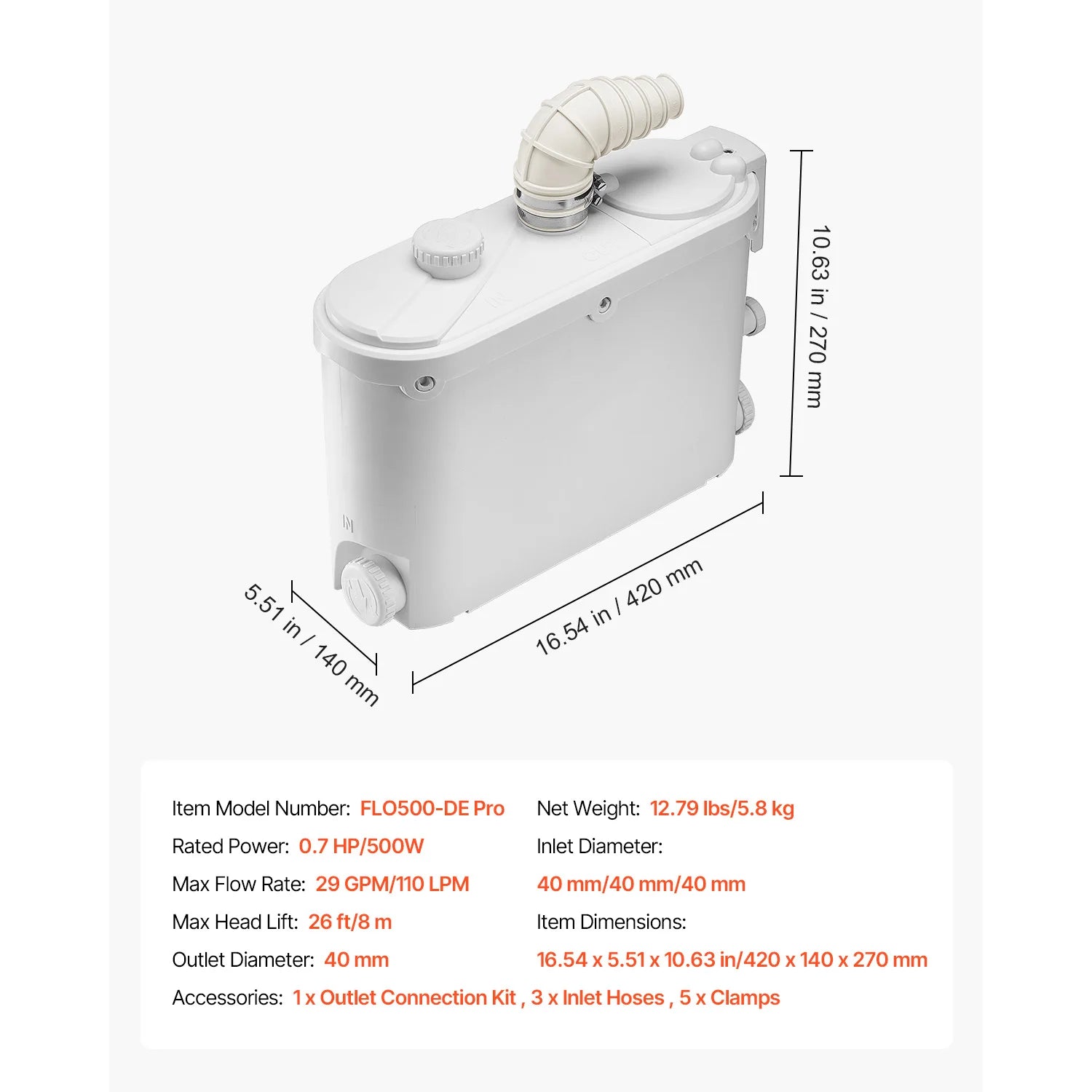 SucceBuy Macerator Pump 500W 29 GPM Flow 26ft/8m Head Sewerage Toilet Pump for Kitchen, Basement, Shower, Sink, Laundry, Bathtub