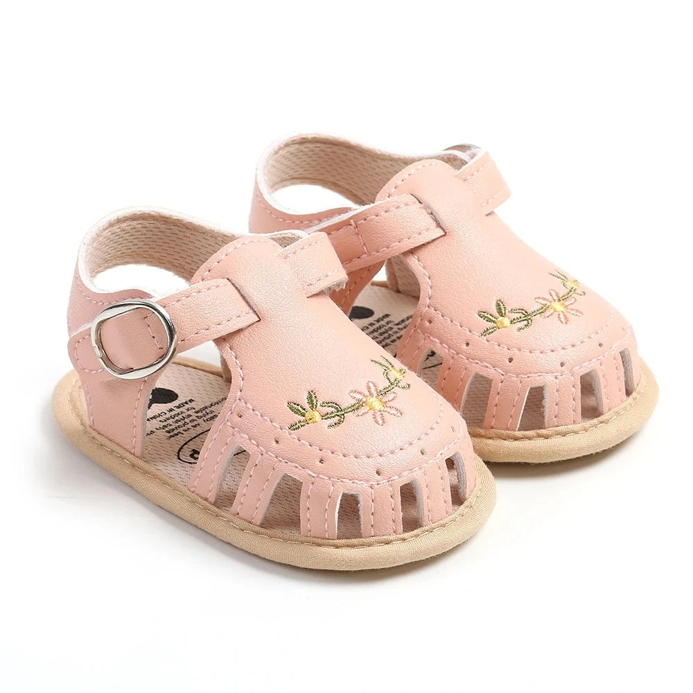 Newborn Baby Girl Sandals with Embroidered Floral Soft Sole