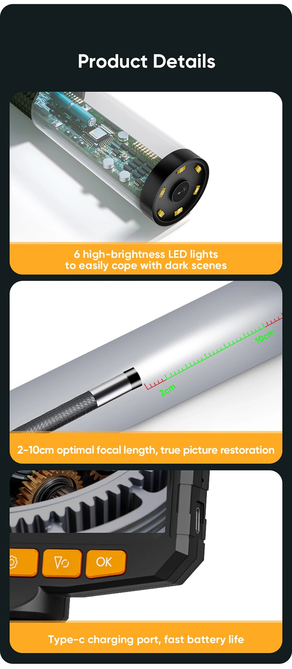 3.9mm 6mm Articulating Borescope with 4.3/5 Inch Screen 1080P HD LED Lights