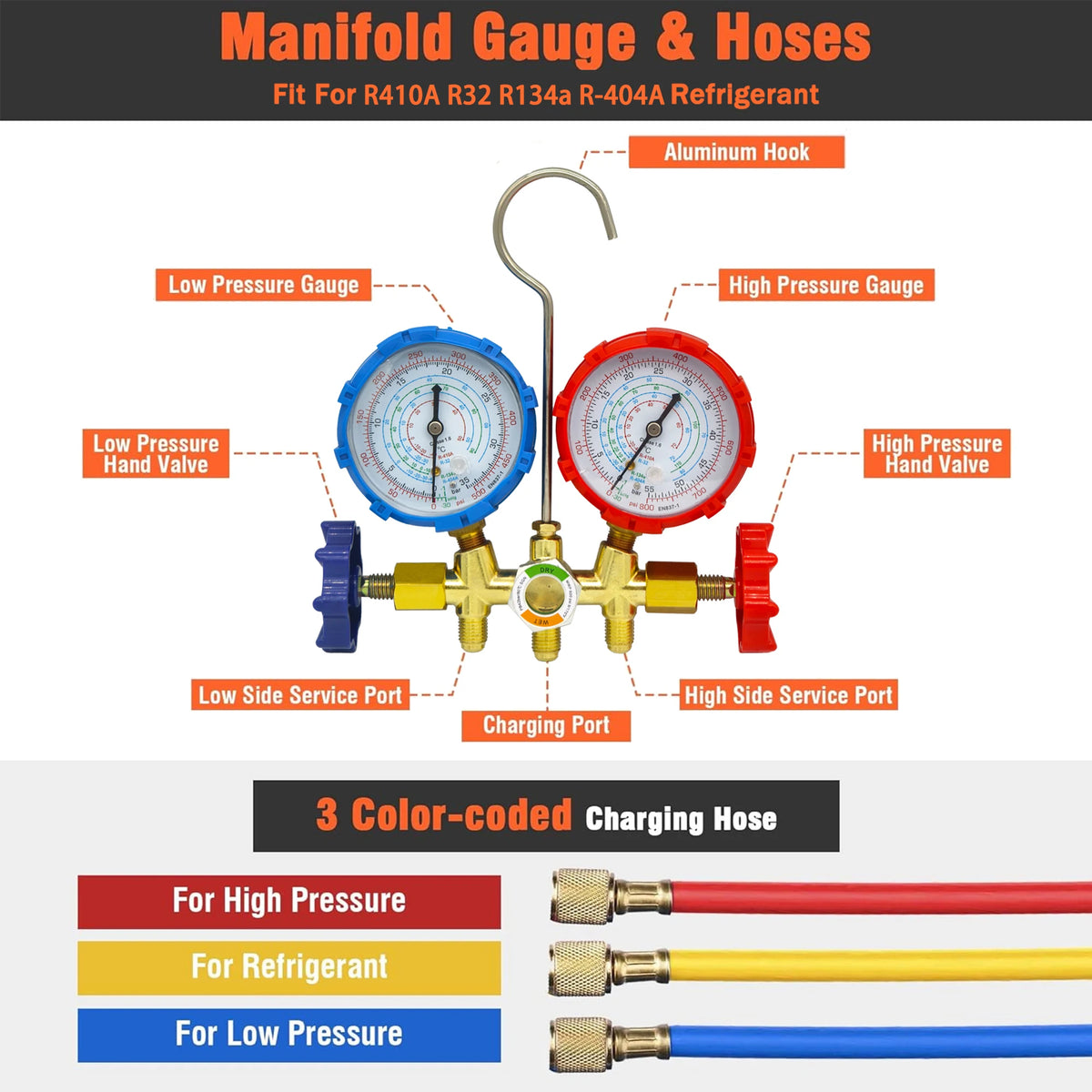 Kühlungs-Manometer Gauges 3-Wege AC Diagnose-Manometer-Set Freon-Ladung Passend R32 R410a R404A R-134a