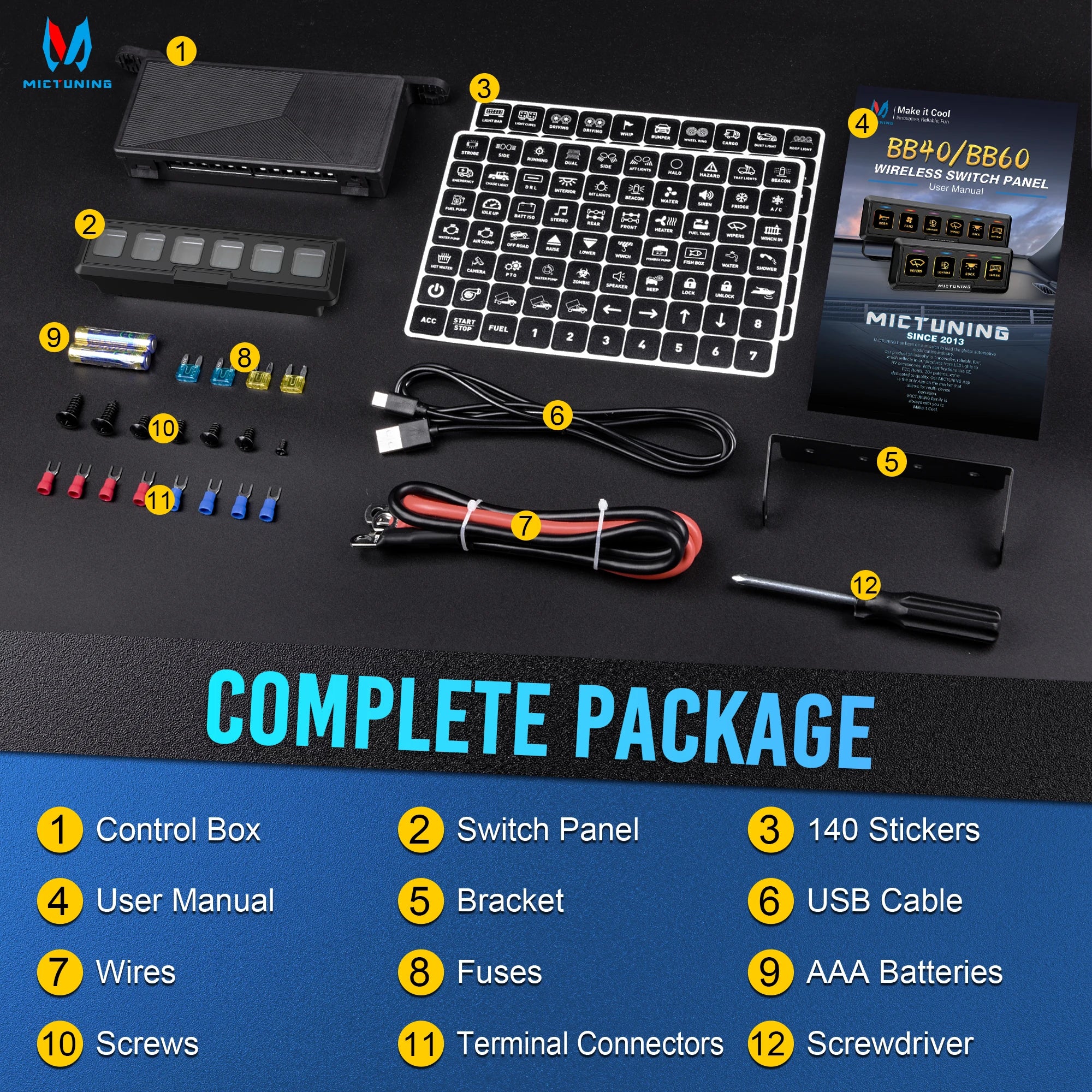 MICTUNING BB40 4-Gang/6-Gang Wireless Switch Panel, 164FT Control Range Auxiliary ON-OFF Relay Circuit Box AAA Batteries for Car