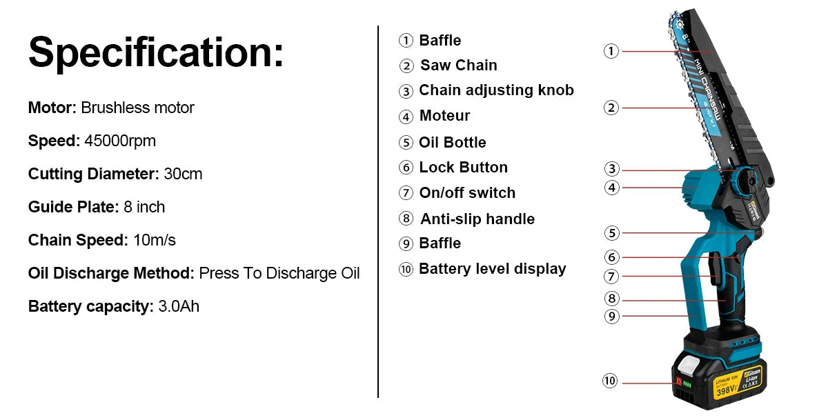 Gisam 8 Inch Brushless Electric Chainsaw Cordless Electric Saw Woodworking Garden Pruning Saw Tool For Makita 18V Battery Pins