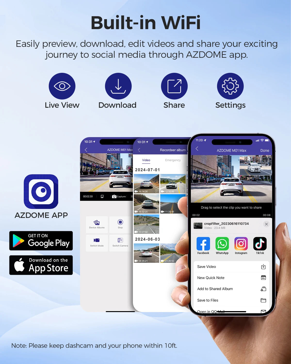 AZDOME 4K Dual Dash Cam with 3" Screen and Rear Camera