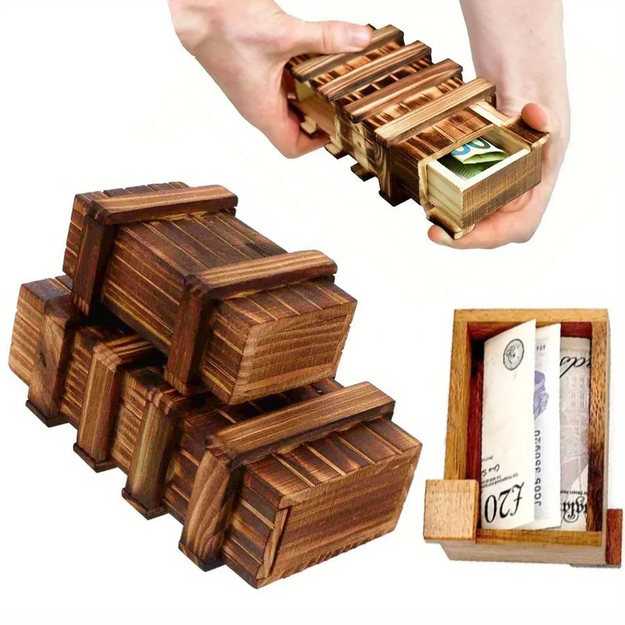 1 ks/2 ks Vintage dřevěná tajná hlavolamová krabička - 3D hlavolam se skrytou přihrádkou, ideální na dárky, šperky a uložení peněz-A