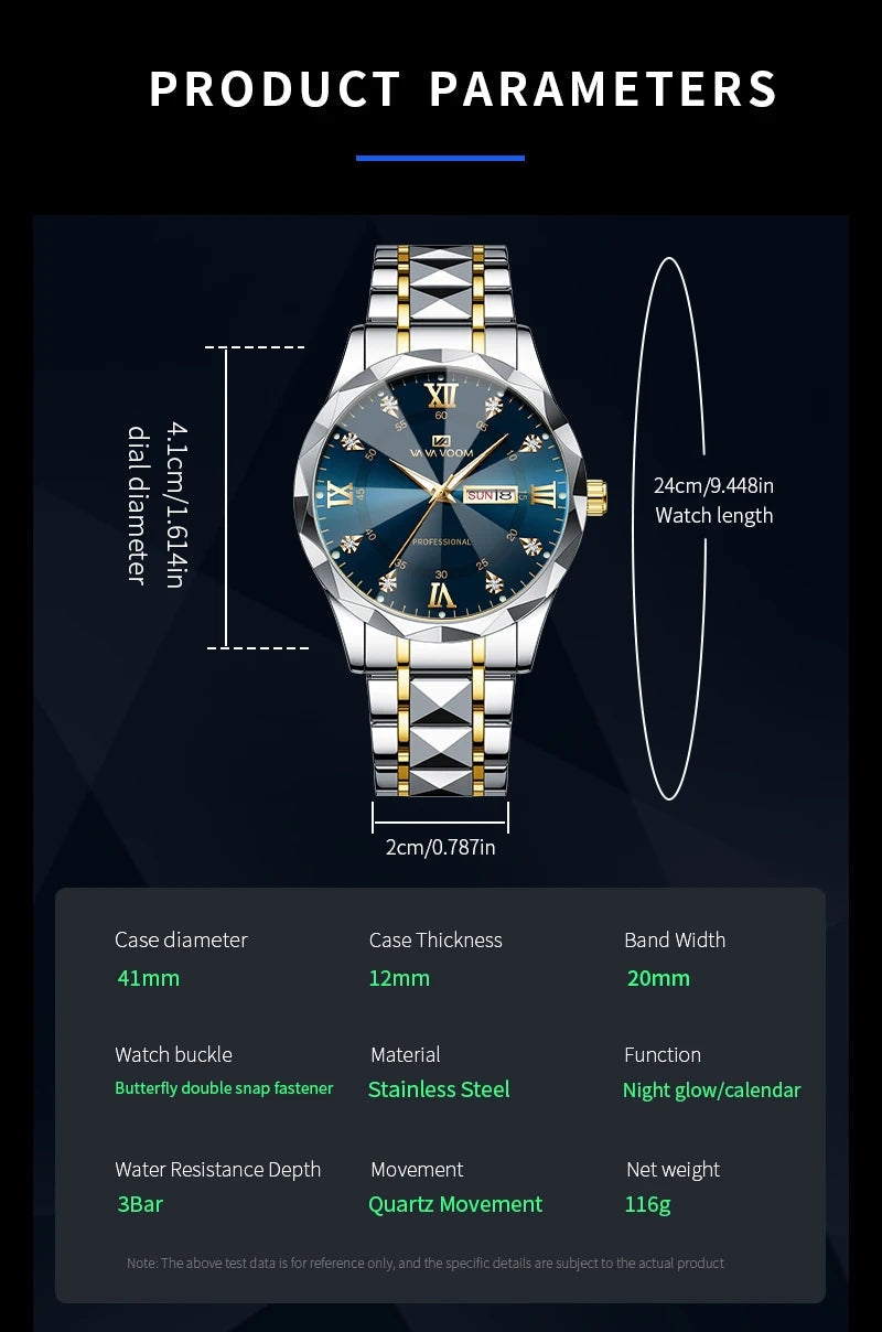 2024 New Men's Watch Fashion Rivet Stainless Steel Strap Luxury Water Diamond Diamond Luminous Blue Gold Dial Business Men Watch