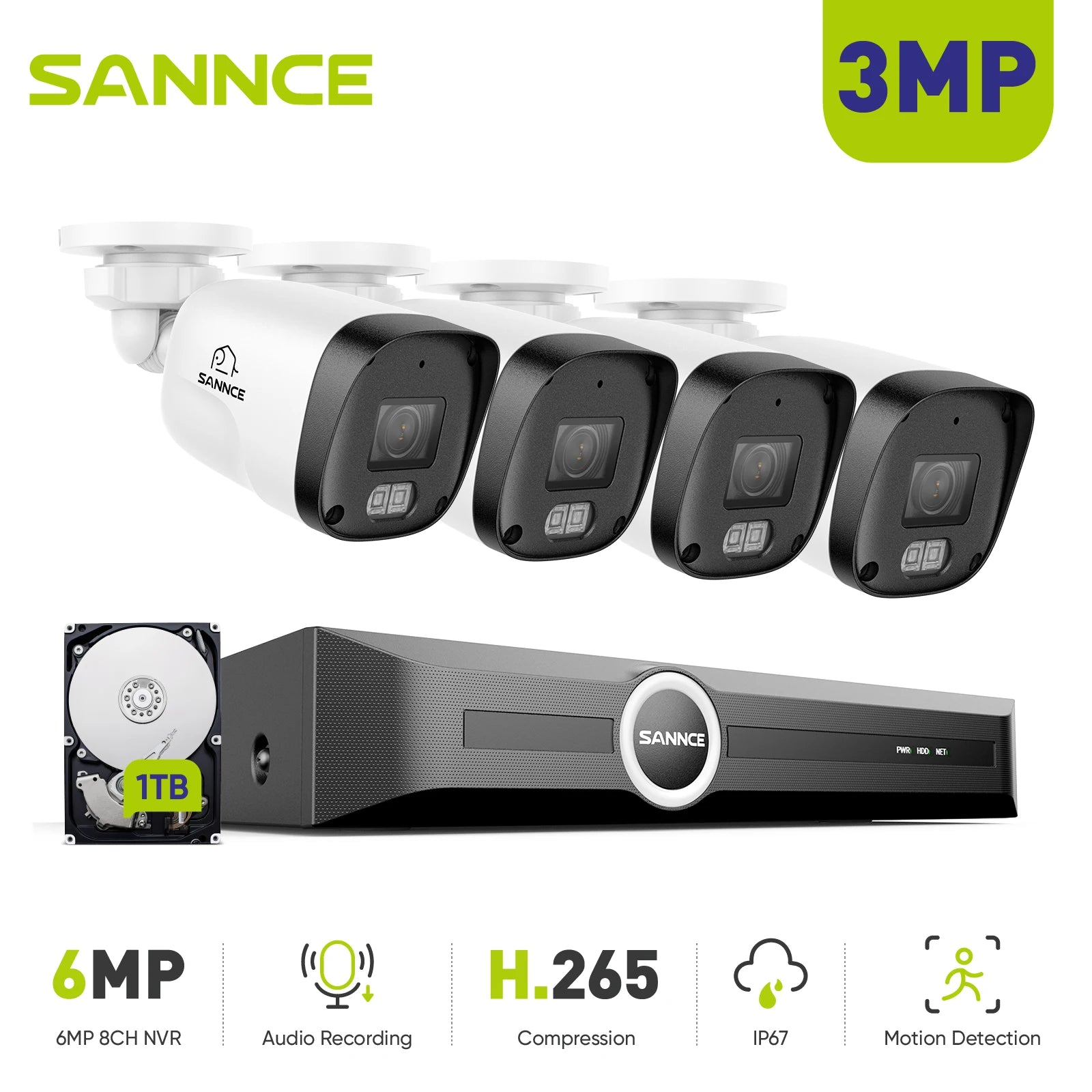 SANNCE 8CH NVR 3MP 4-Camera PoE Security System