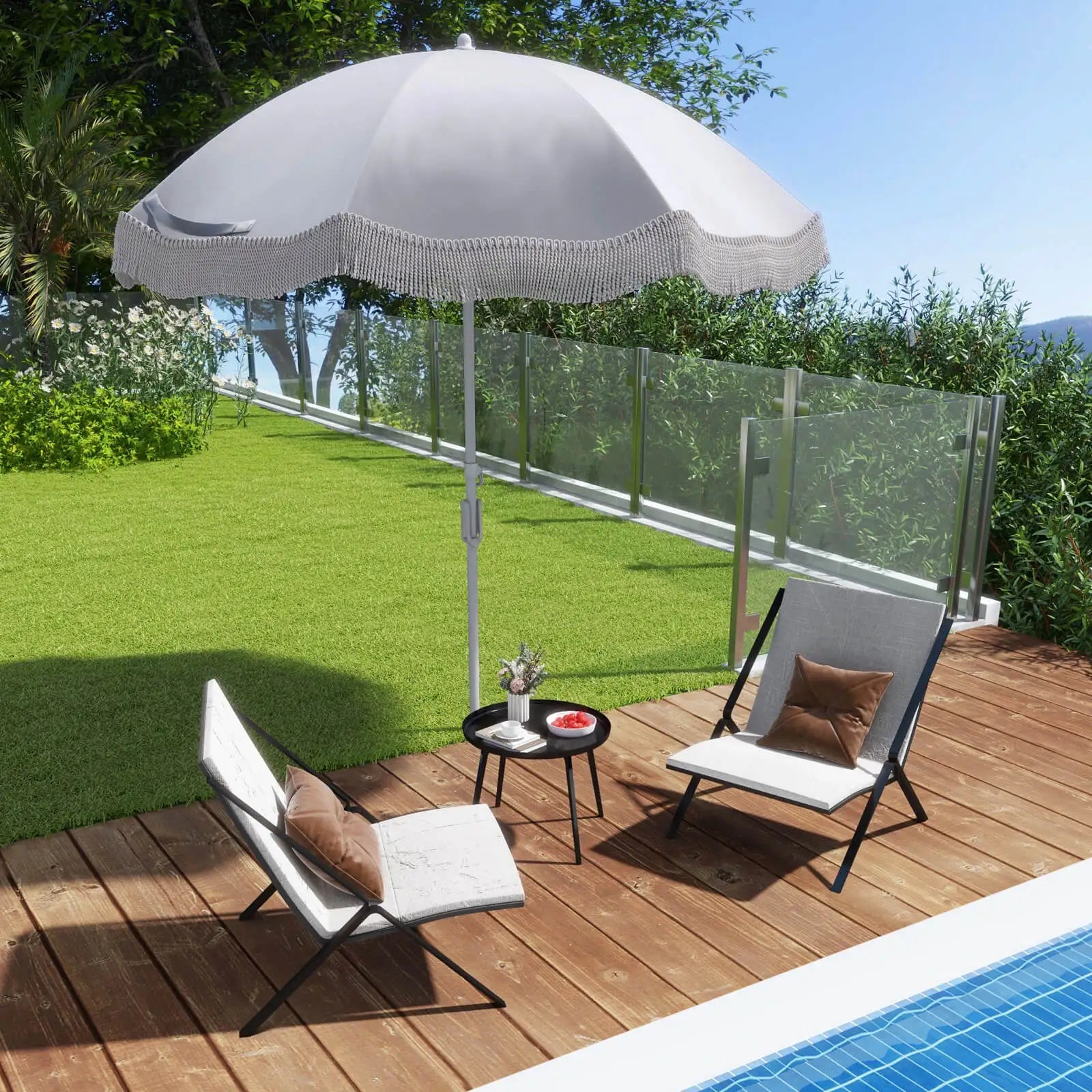 6.5 FT Patio Fringe Umbrella with Push-Button Tilt and Carry Bag