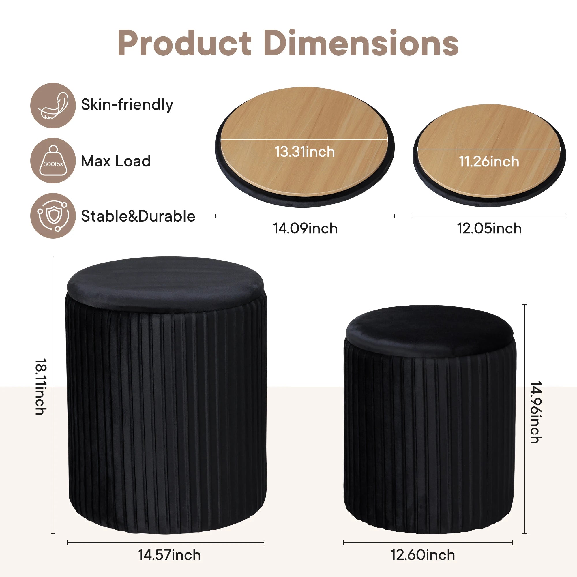 Round Ottoman Storage Set of 2 Nesting Footstools with Lids