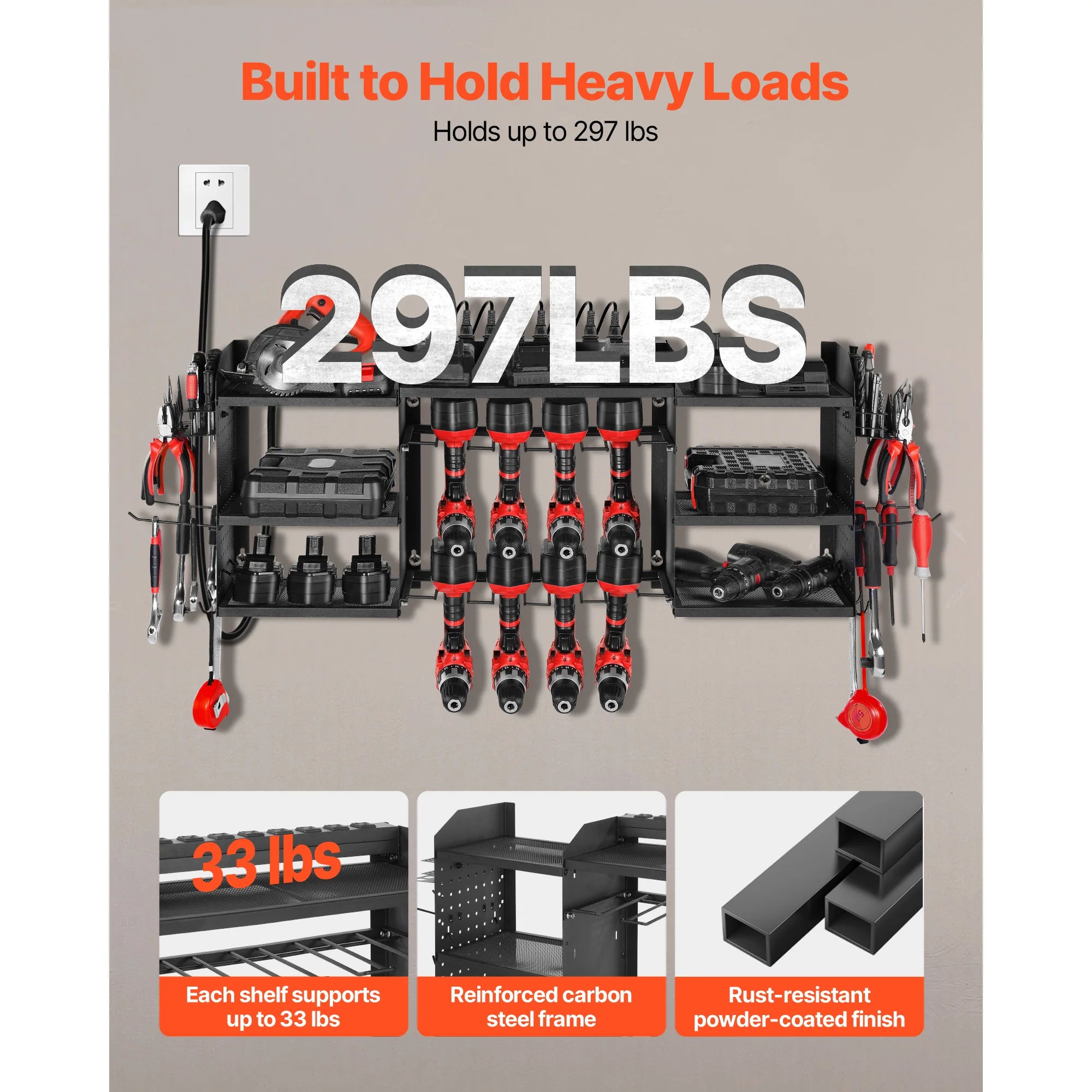 3-Tier Power Tool Organizer with 8-Outlet Charging Station Rack