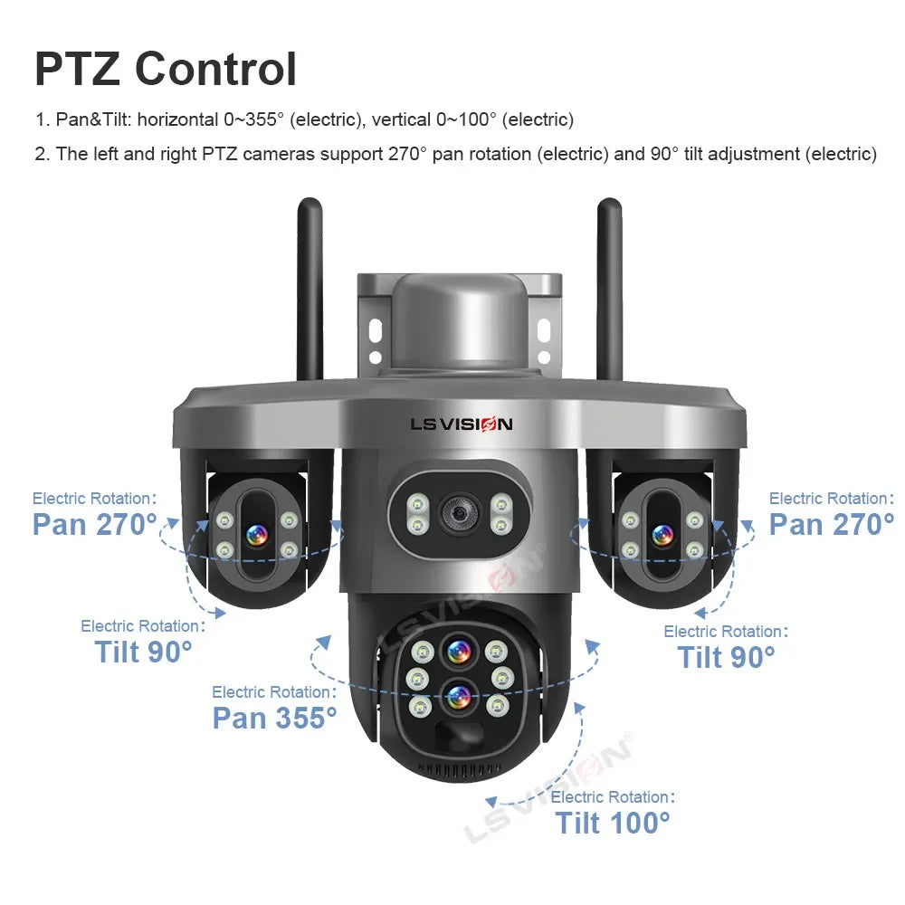 Solar Security Camera 4 Lens 3 Screen 10x Optical Zoom 4G WiFi PTZ