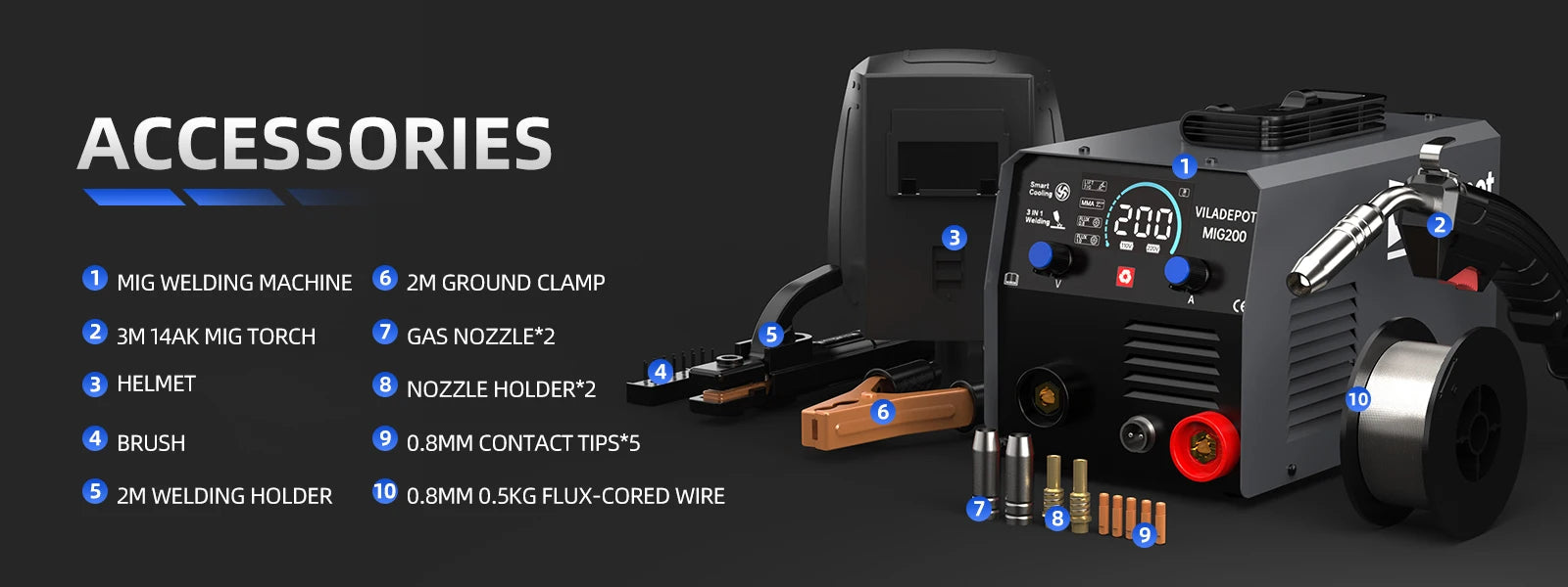 Viladepot 3 in 1 No Gas MIG Welder MIG/MMA/Lift TIG MIG200 Semi-automatic Welding Machine With Flux Cored Wire Gasless