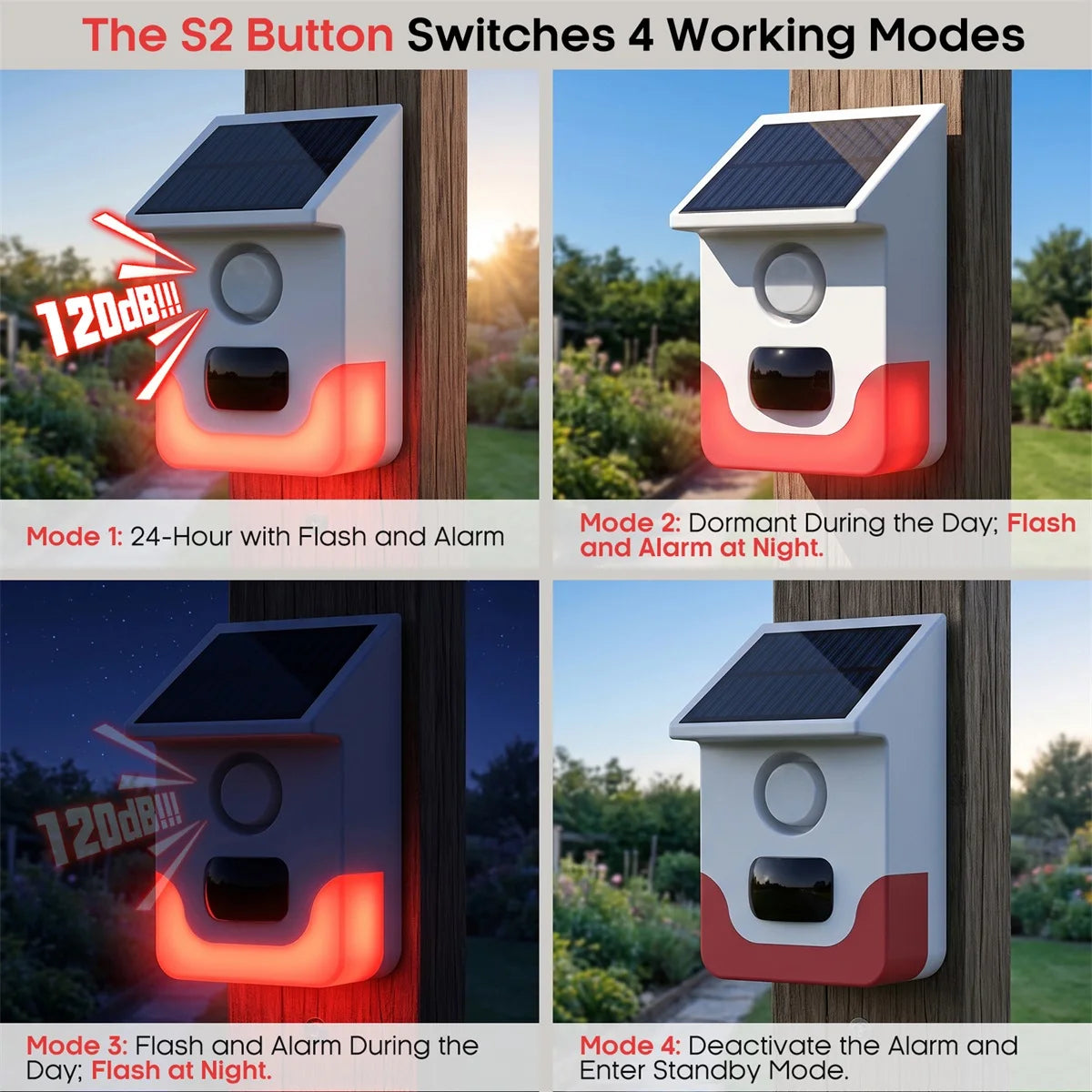 120° Detection Solar Alarm 120dB 4 Working Modes Solar-powered PIR Motion Detection Alarm For Home Courtyard Security