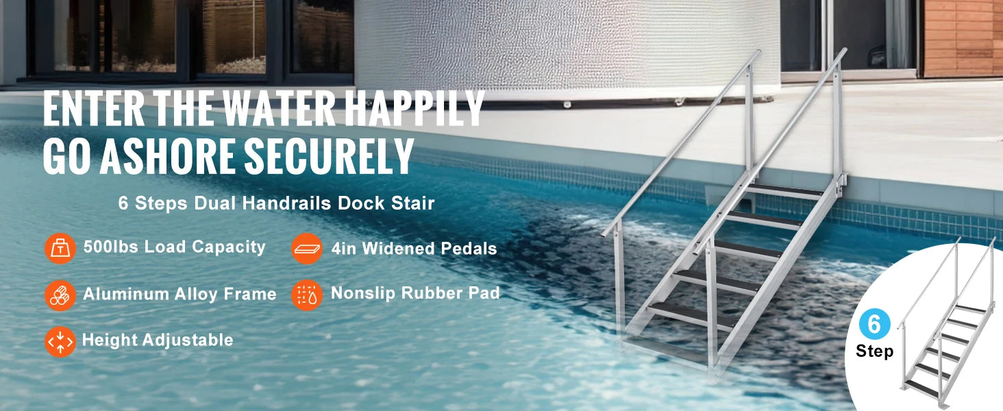 SucceBuy 4/6 Step Dual Handrails Dock Ladder Aluminum with Rubber Mat 30"-39" Adjustable Height for Lake Marine Boarding Pool
