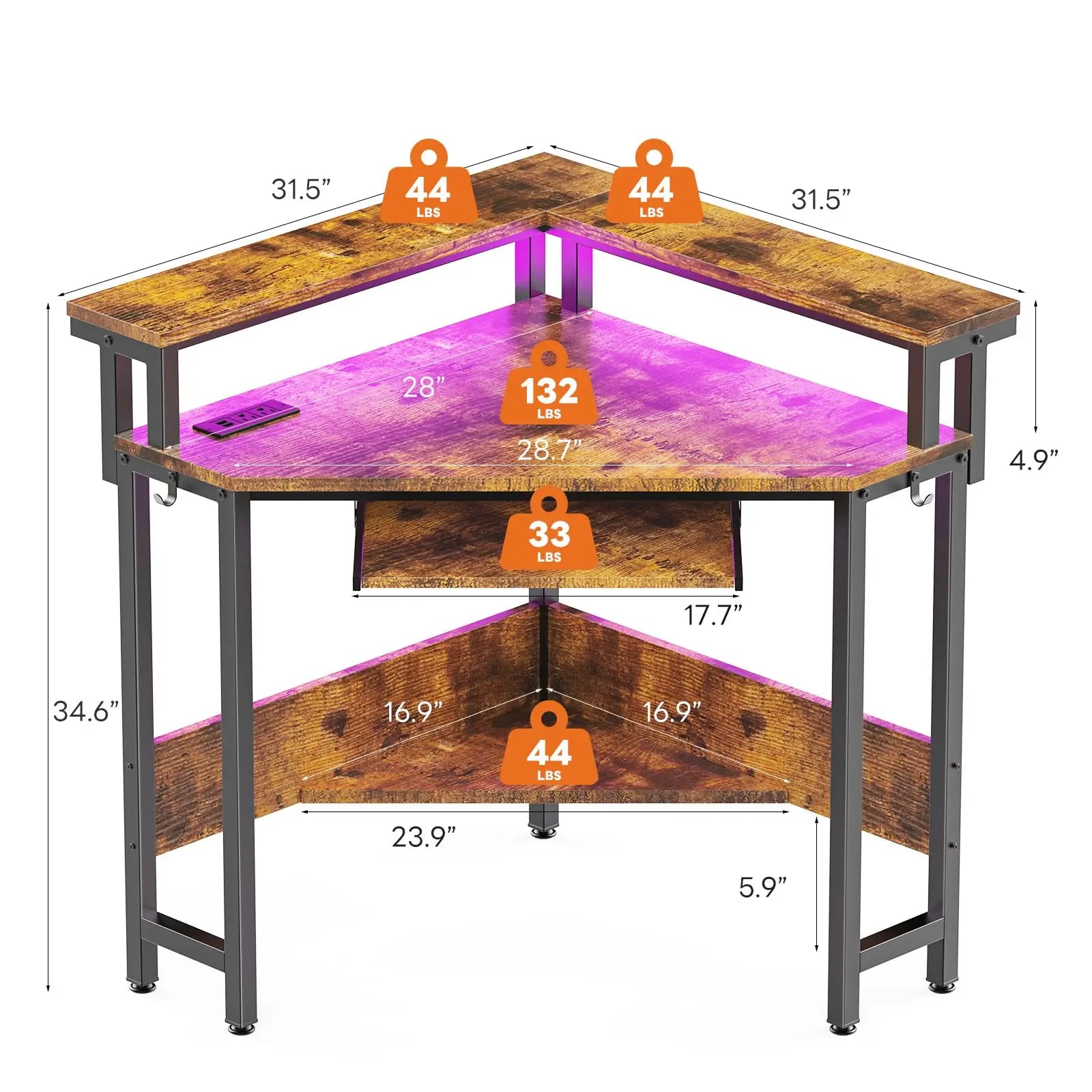 Corner Desk with LED Lights & Power Outlets for Small Spaces