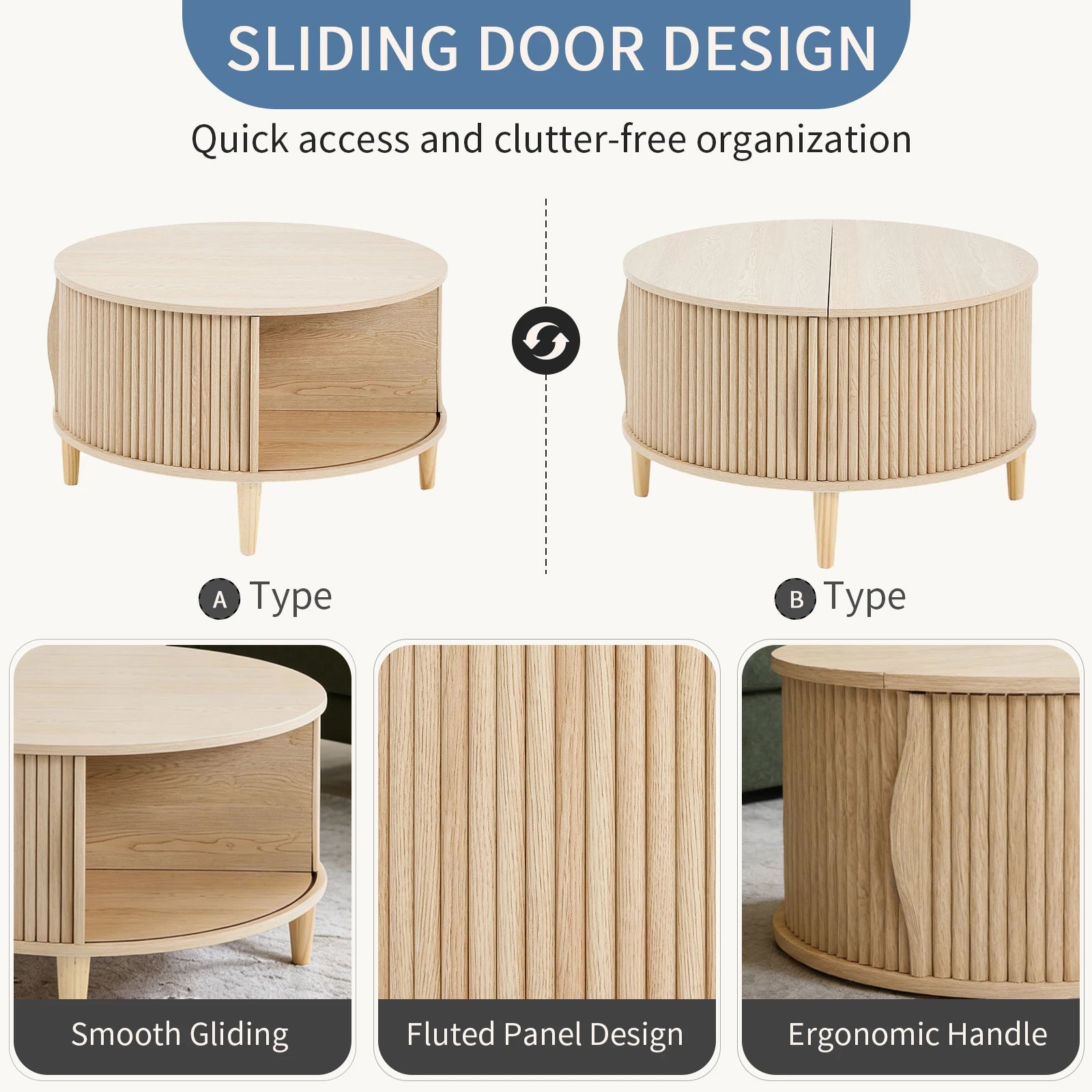 31in Round Coffee Table with Flip-Top Storage and Sliding Door