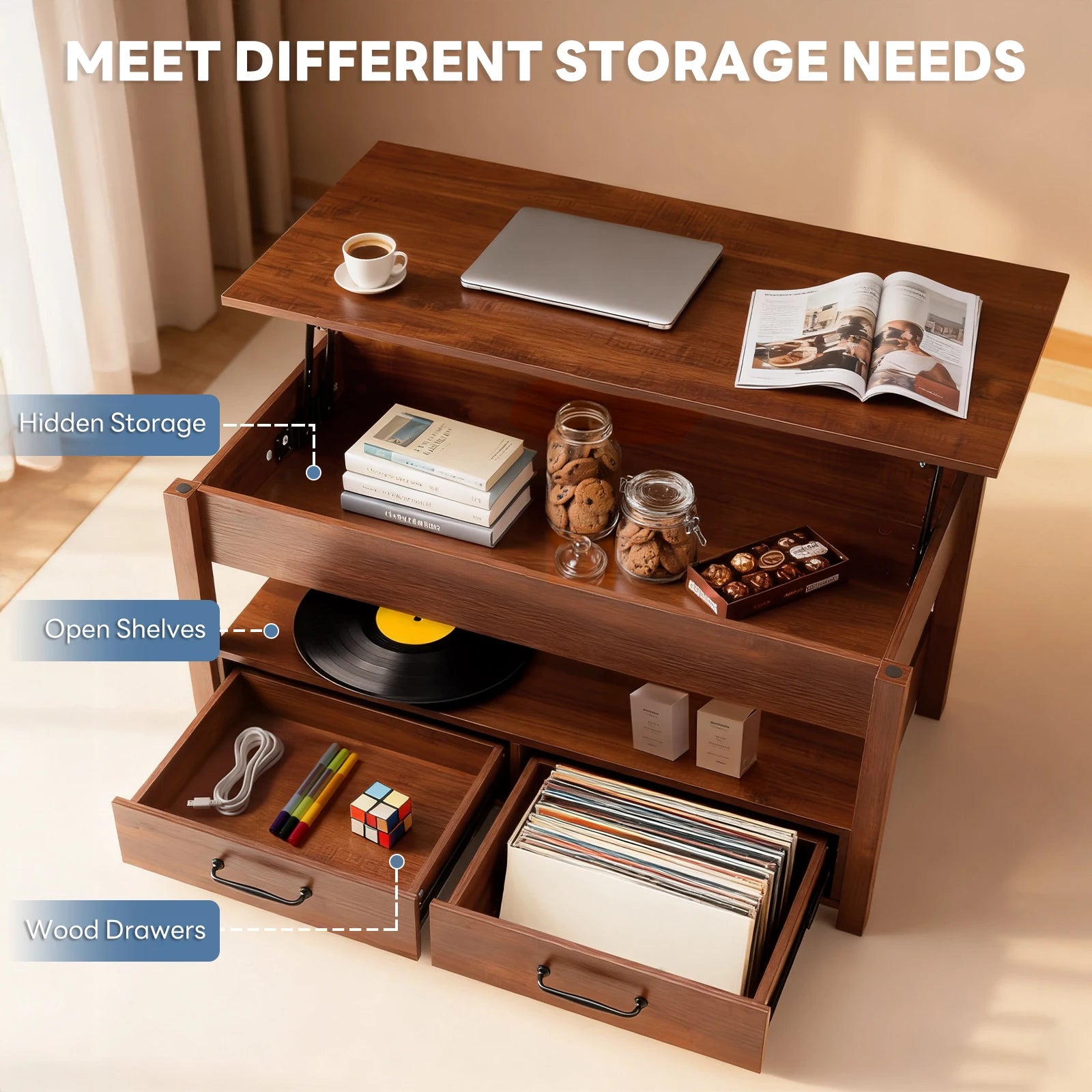 Lift Top Coffee Table with Hidden Storage and Drawers