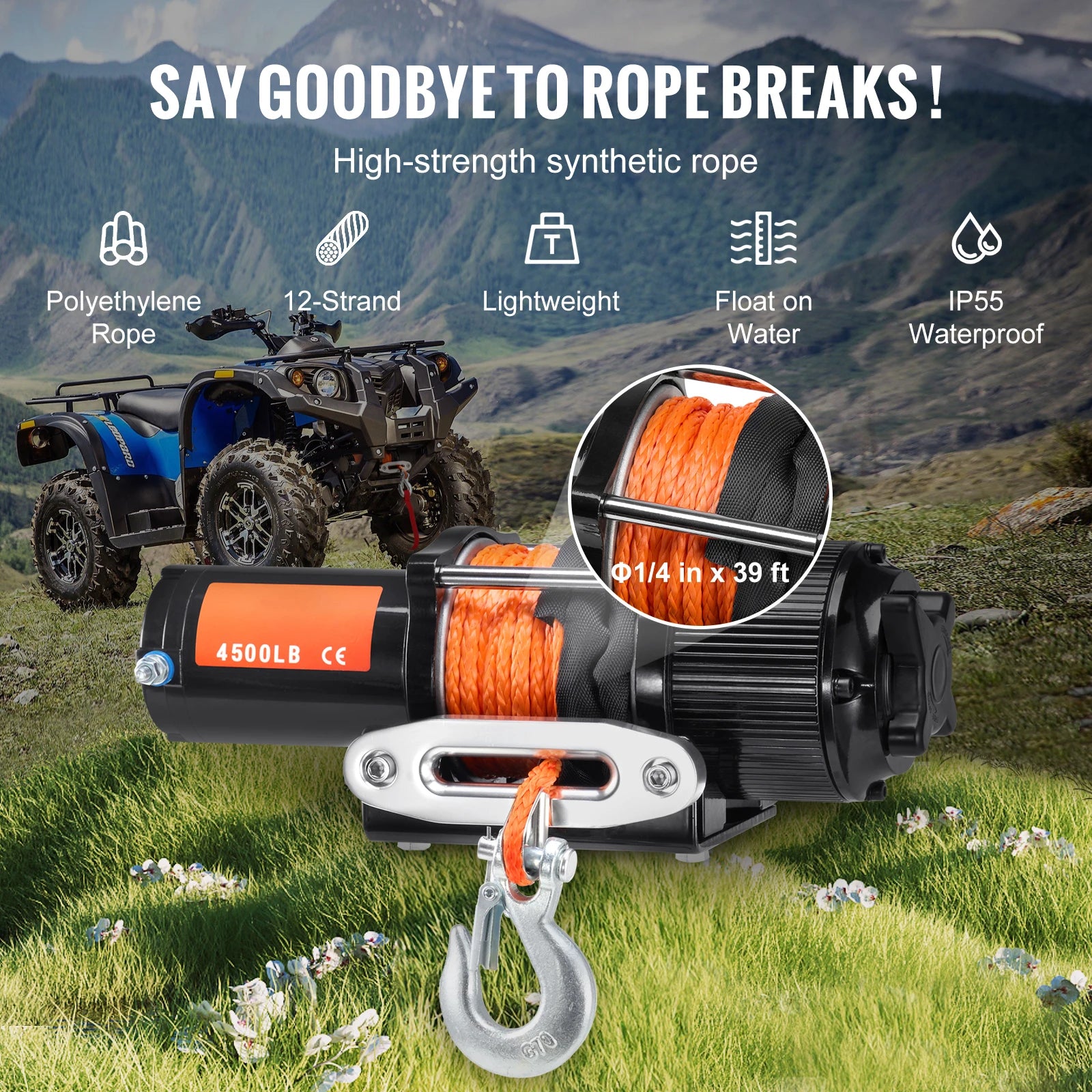 4500 lb 12V ATV/UTV Electric Winch with Wireless Remote & Rope