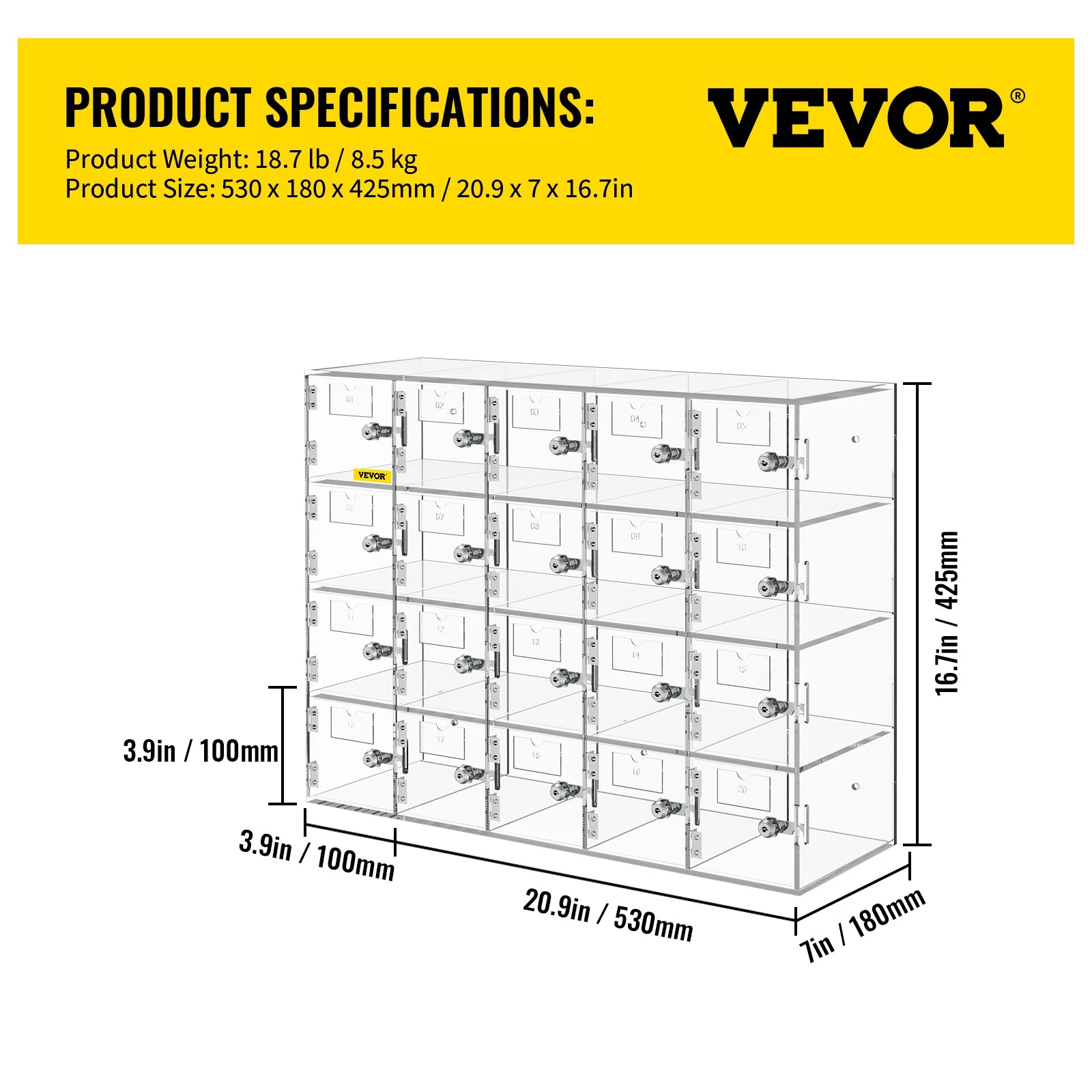 Lockable Cell Phone Storage Locker with 10/20 Slots Acrylic Cabinet