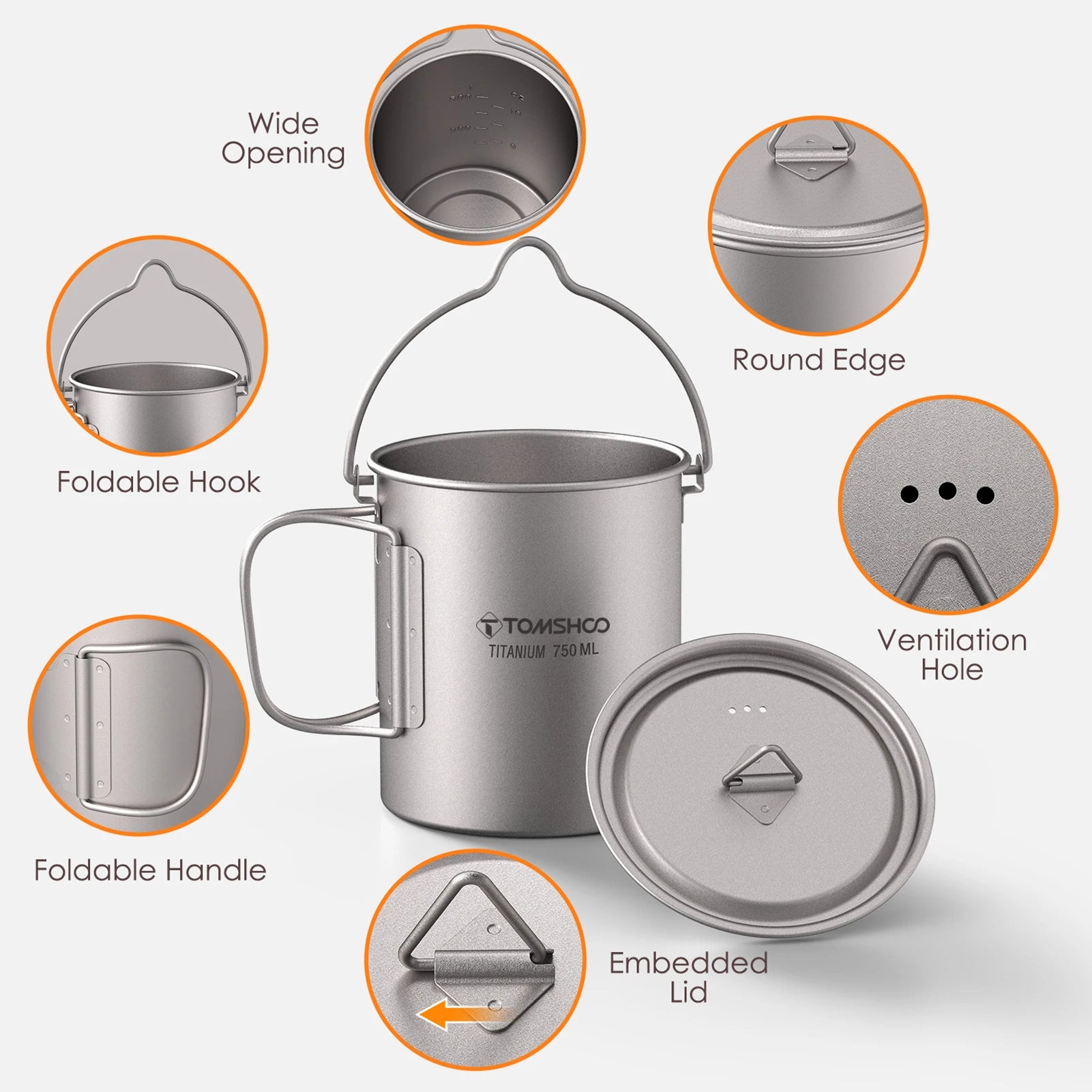 3-Piece Titanium Cookware Set with 750ml Pot, 450ml Cup, Folding Spork