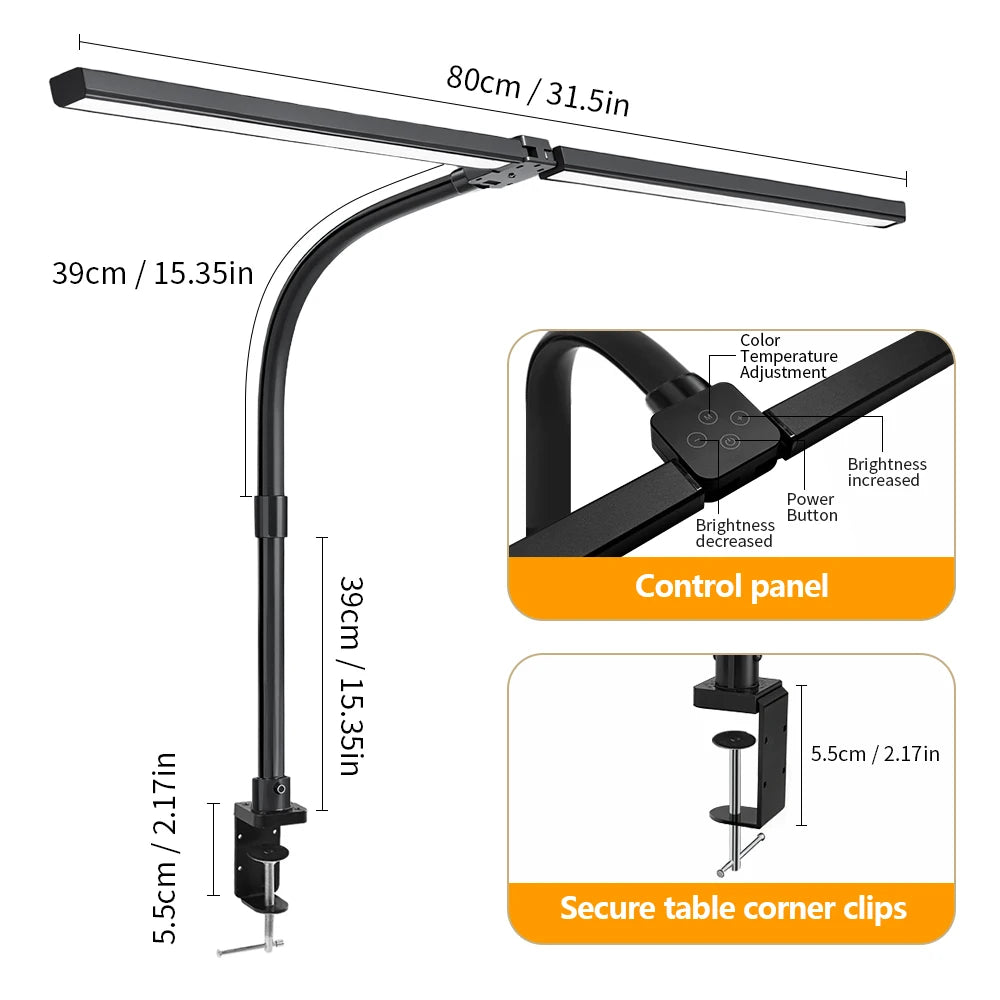 Nastaviteľná LED stolová lampa so svorkou a automatickým stmievaním svetla