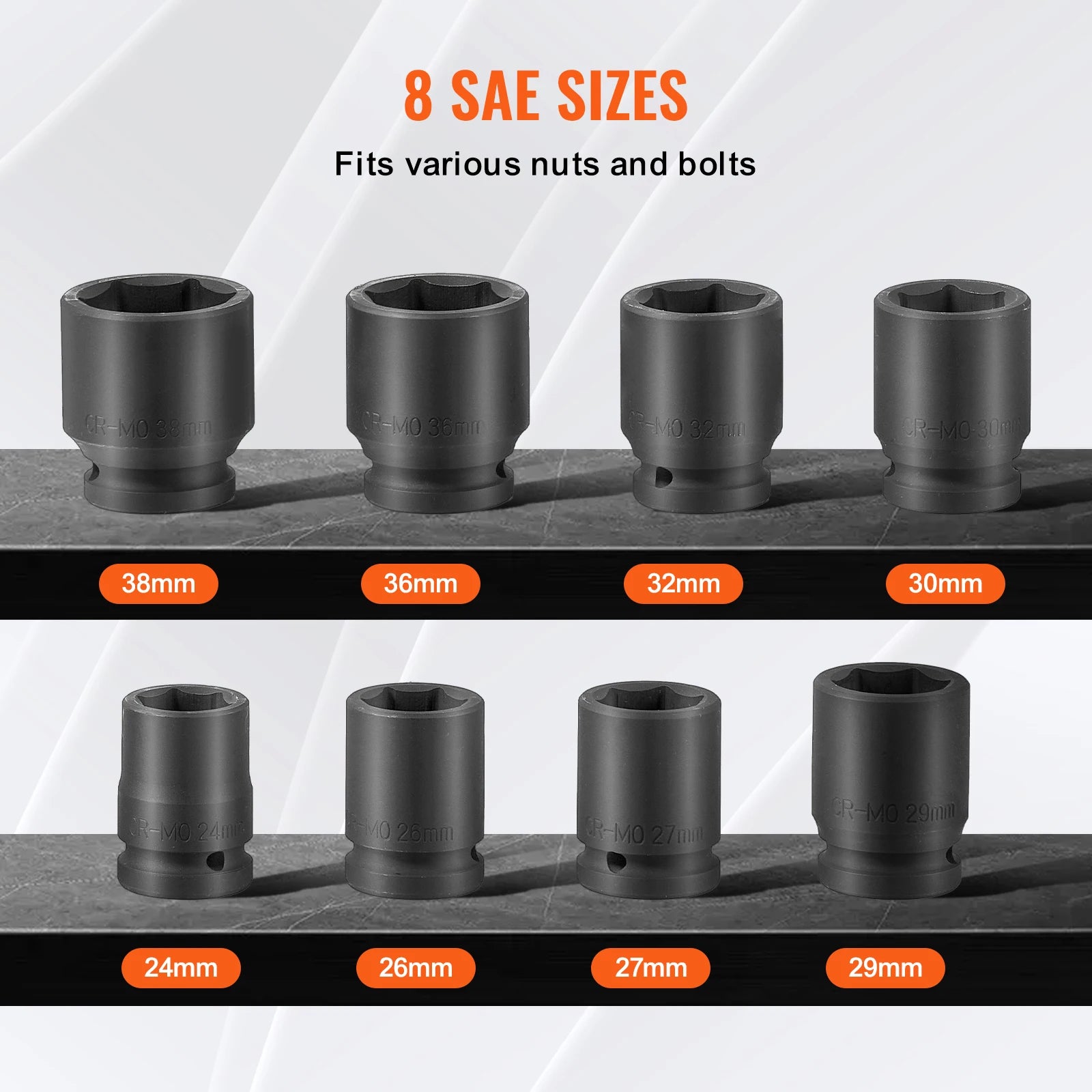 SucceBuy Axle Nut Impact Socket Set Drive Deep 6-Point 8-Piece SAE Spindle Nut Socket Set CR-MO Heat Treated Large Socket Set