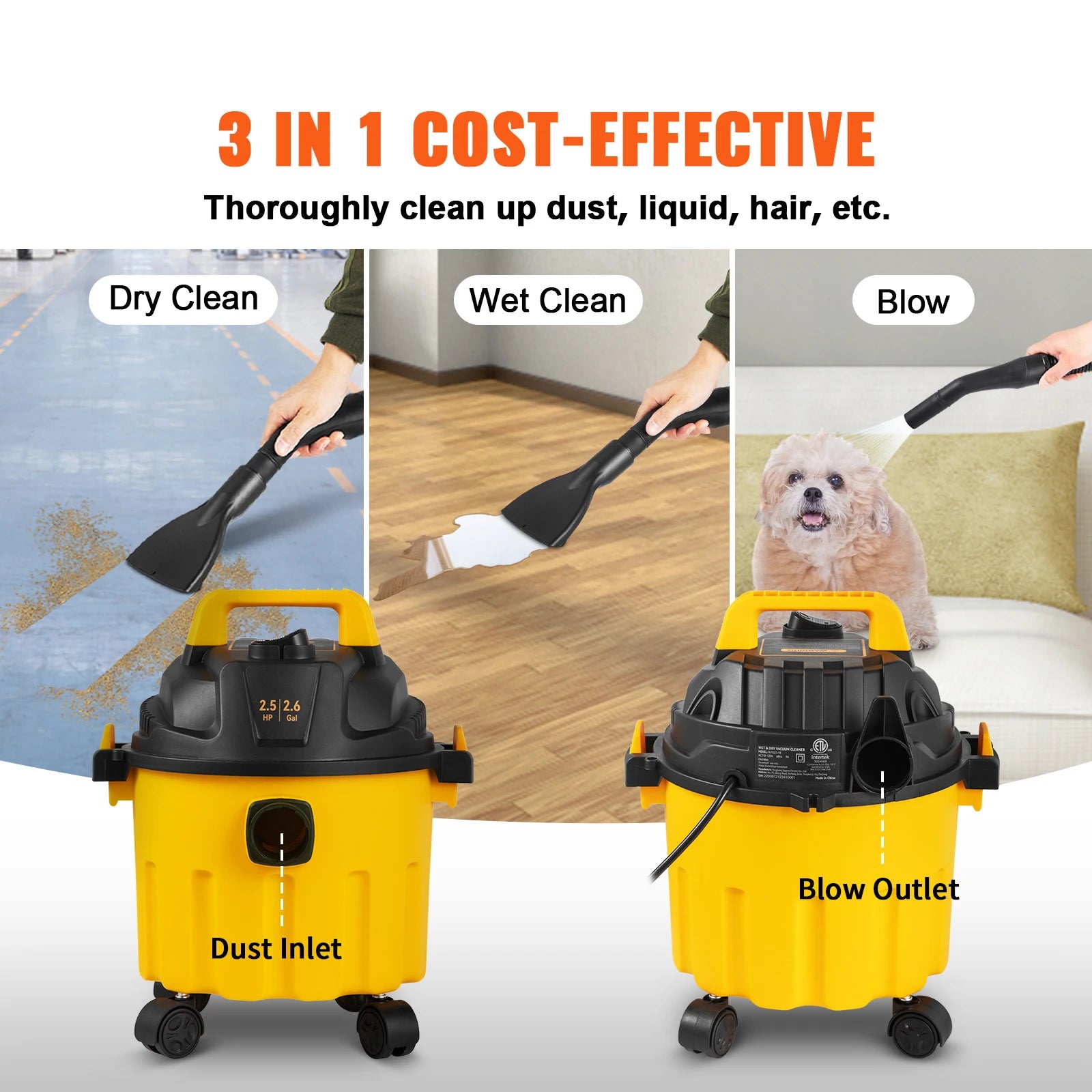 Wet Dry Shop Vacuum 2.6 Gallon 2.5HP Portable 3-in-1 Cleaner