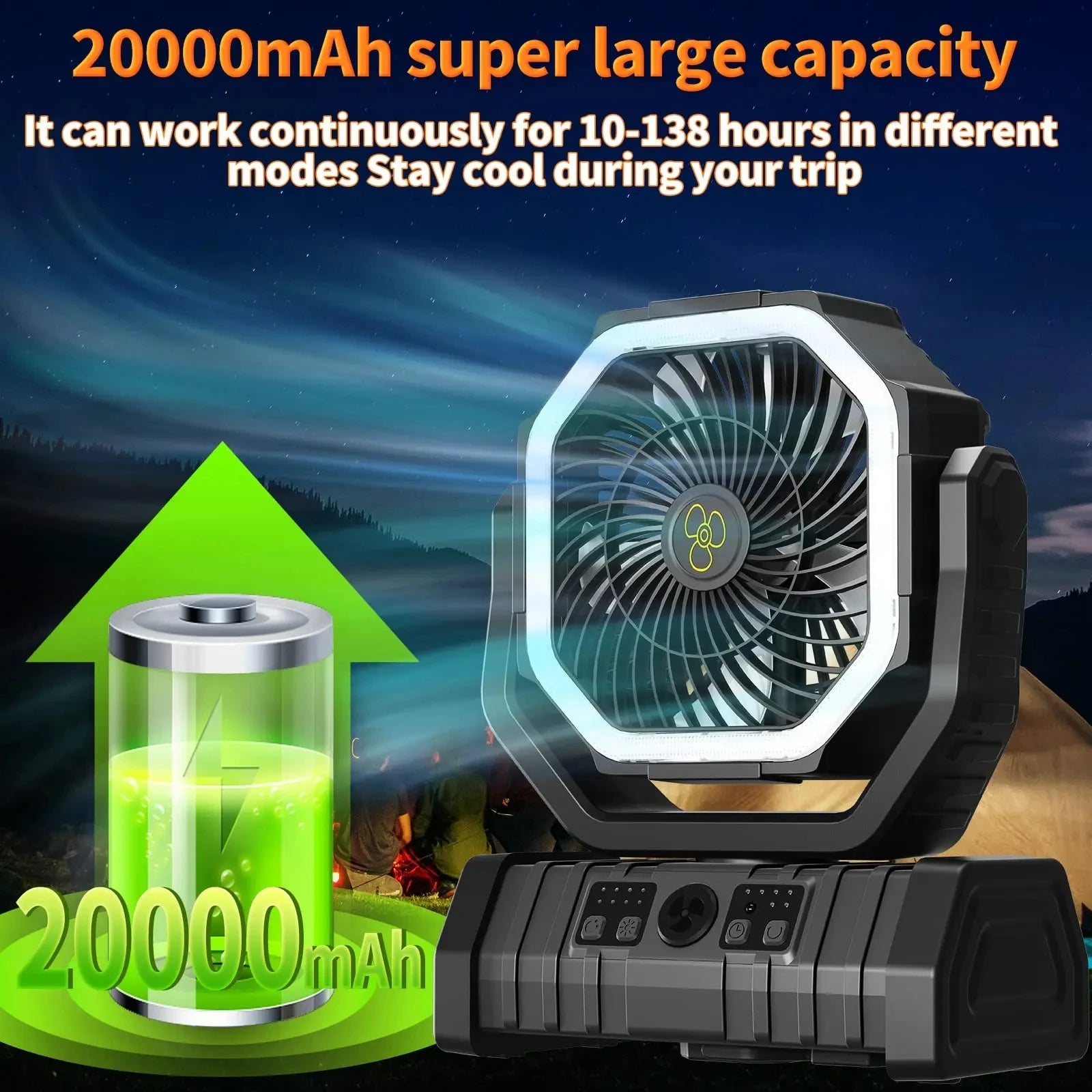 20000mAh High-Capacity Battery LED Light Camping Fan Movable Wireless Air Circulators Outdoor Ventilador with Hook