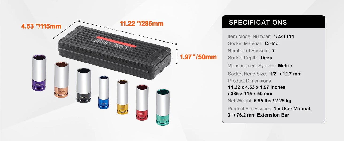 SucceBuy Axle Nut Impact Socket Set Drive Deep 6-Point 8-Piece SAE Spindle Nut Socket Set CR-MO Heat Treated Large Socket Set