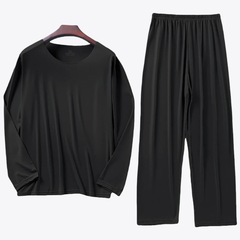 Men's Ice Silk Pyjama Set with Long Sleeve Top and Elastic Waist