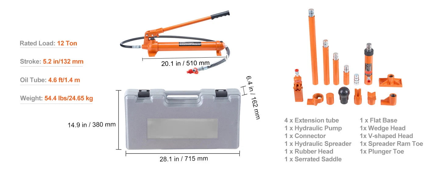 SucceBuy 10/12T Porta Power Kit Portable Hydraulic Jack with 4.6 ft/1.4 m Oil Hose Auto Body Frame Repair Kit with Storage Case